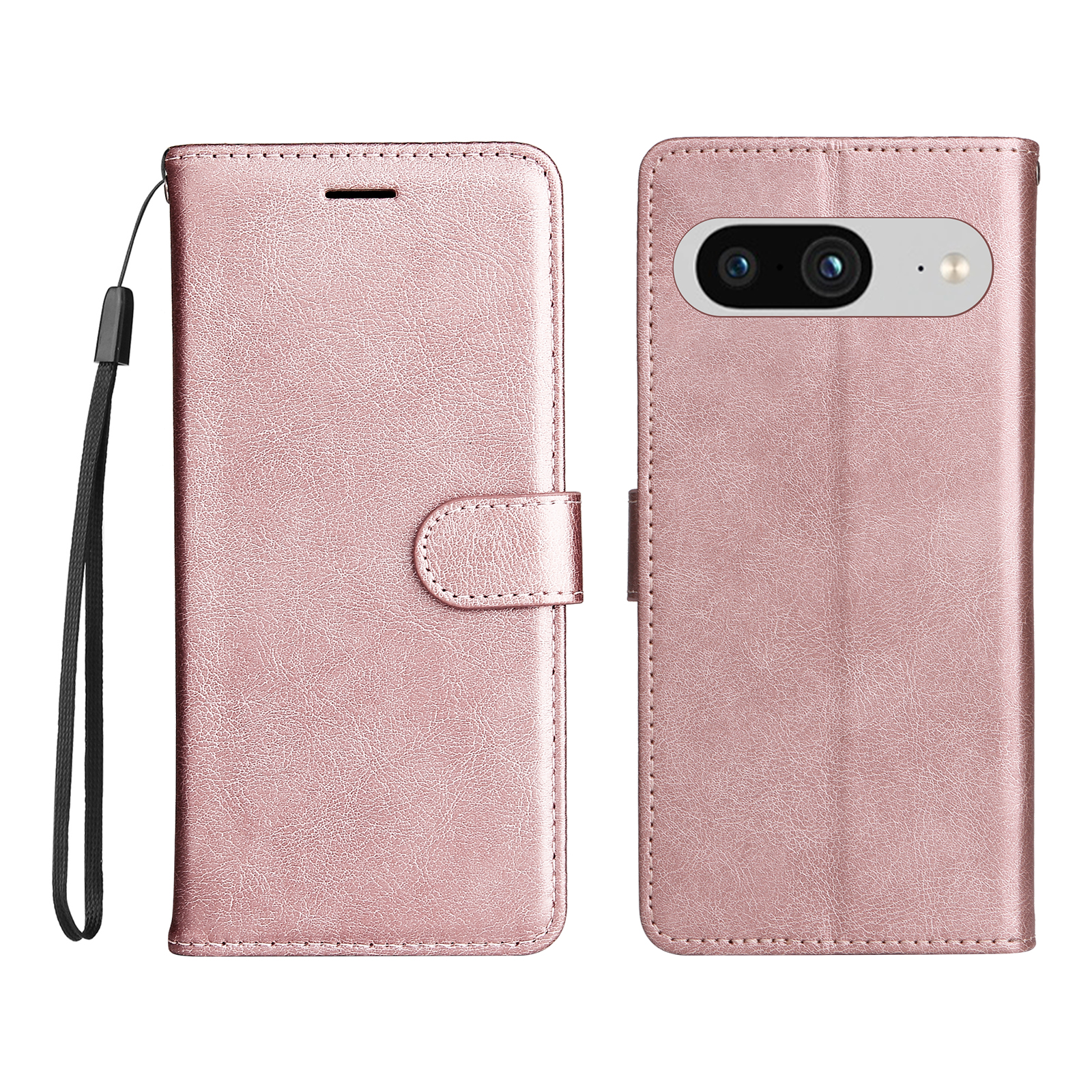 For Google Pixel 8 Leather Wallet Case with Strap Solid Color Phone Stand Cover - Rose Gold