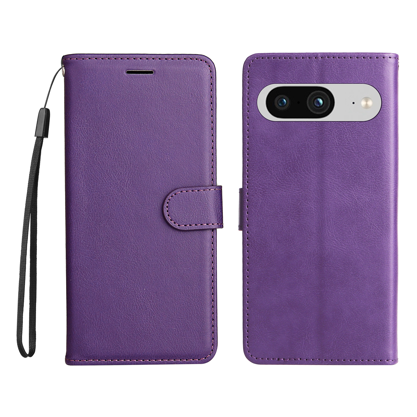 For Google Pixel 8 Leather Wallet Case with Strap Solid Color Phone Stand Cover - Purple