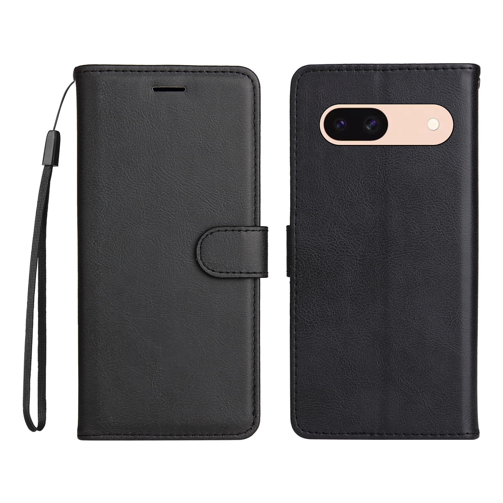 For Google Pixel 8a Leather Wallet Case with Strap Solid Color Phone Stand Cover - Black