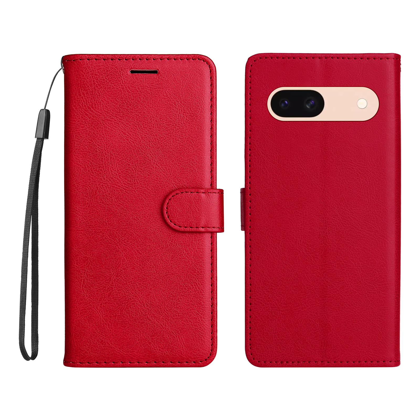 For Google Pixel 8a Leather Wallet Case with Strap Solid Color Phone Stand Cover - Red