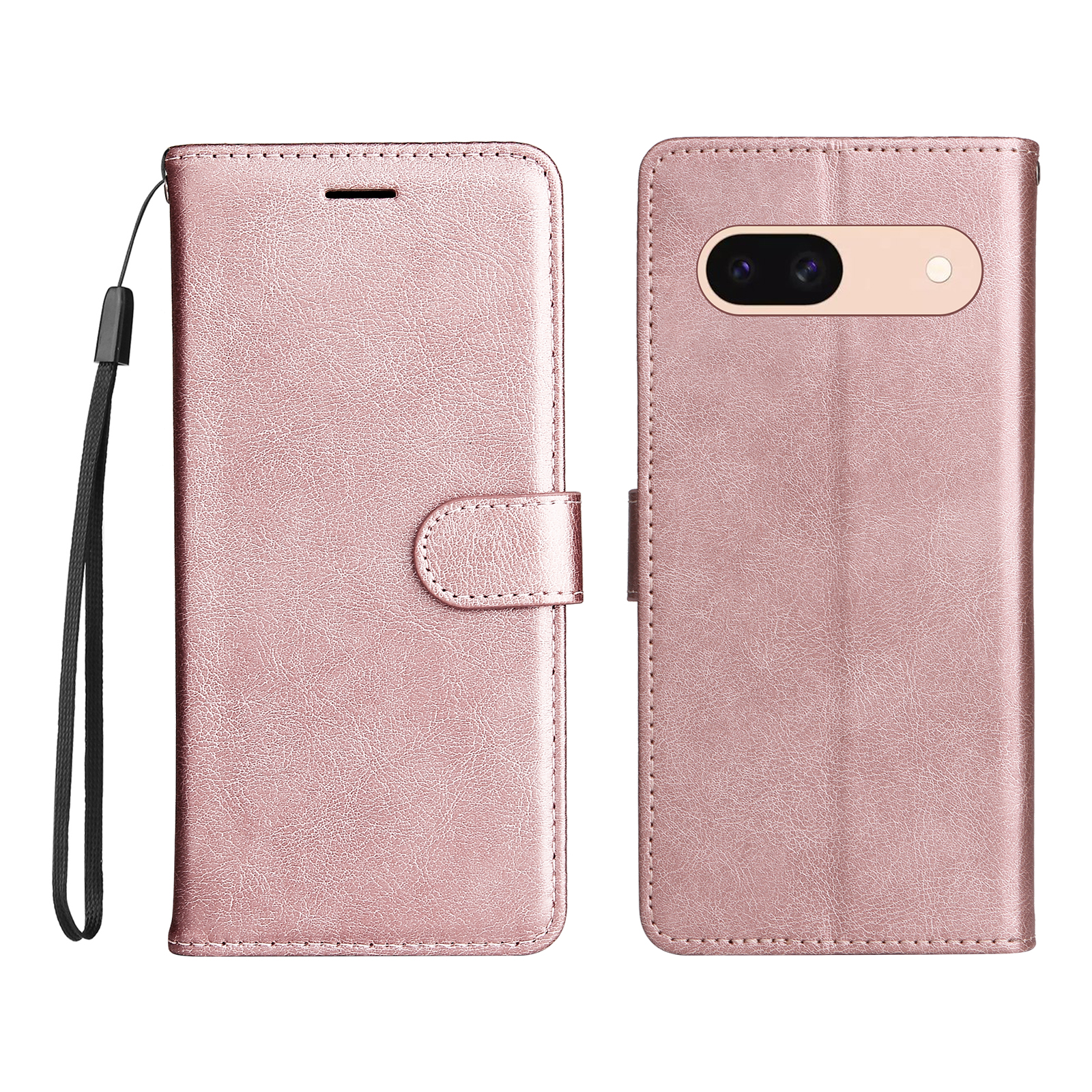 For Google Pixel 8a Leather Wallet Case with Strap Solid Color Phone Stand Cover - Rose Gold