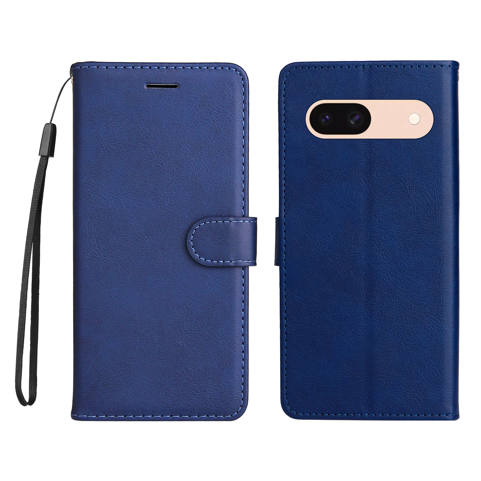 For Google Pixel 8a Leather Wallet Case with Strap Solid Color Phone Stand Cover - Blue
