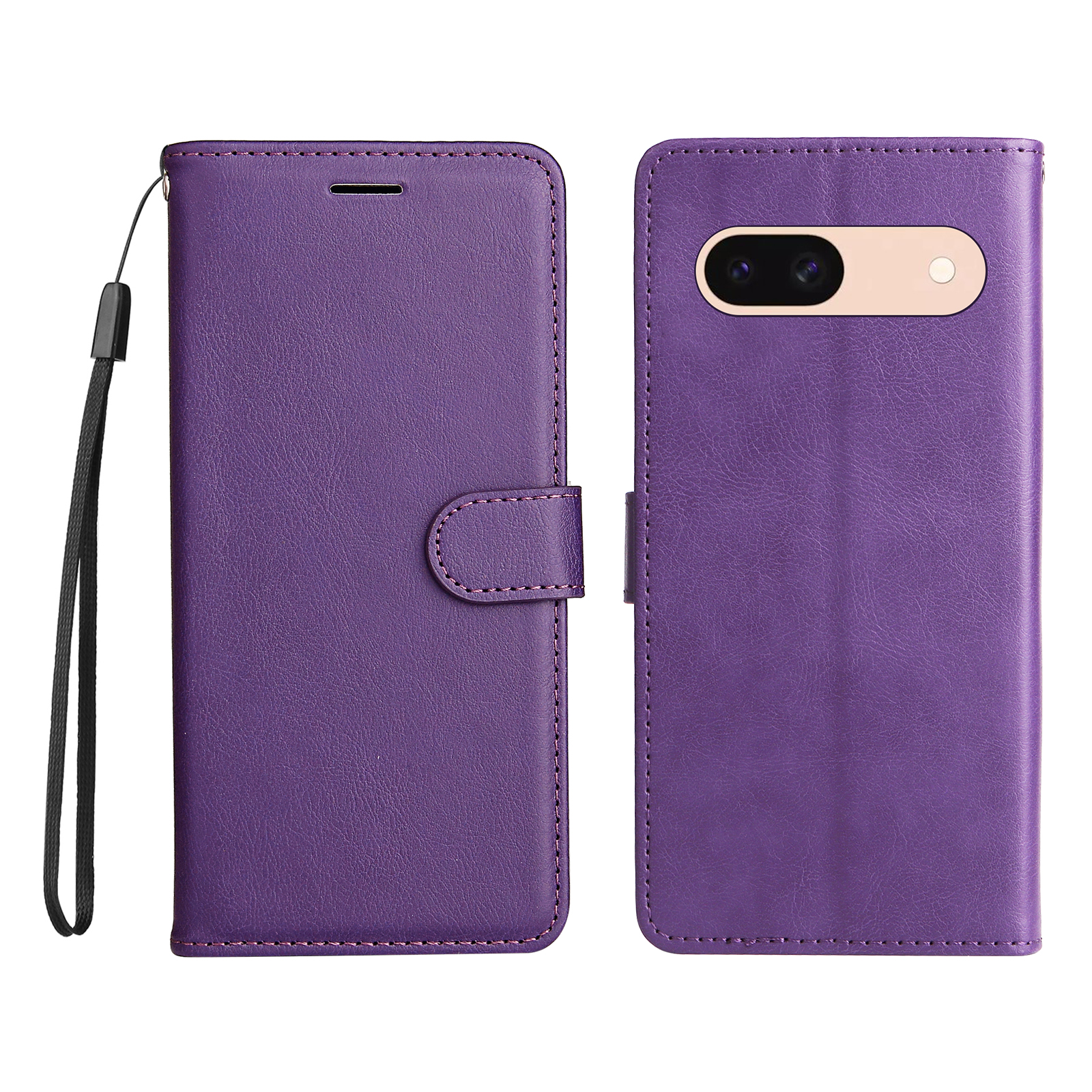 For Google Pixel 8a Leather Wallet Case with Strap Solid Color Phone Stand Cover - Purple