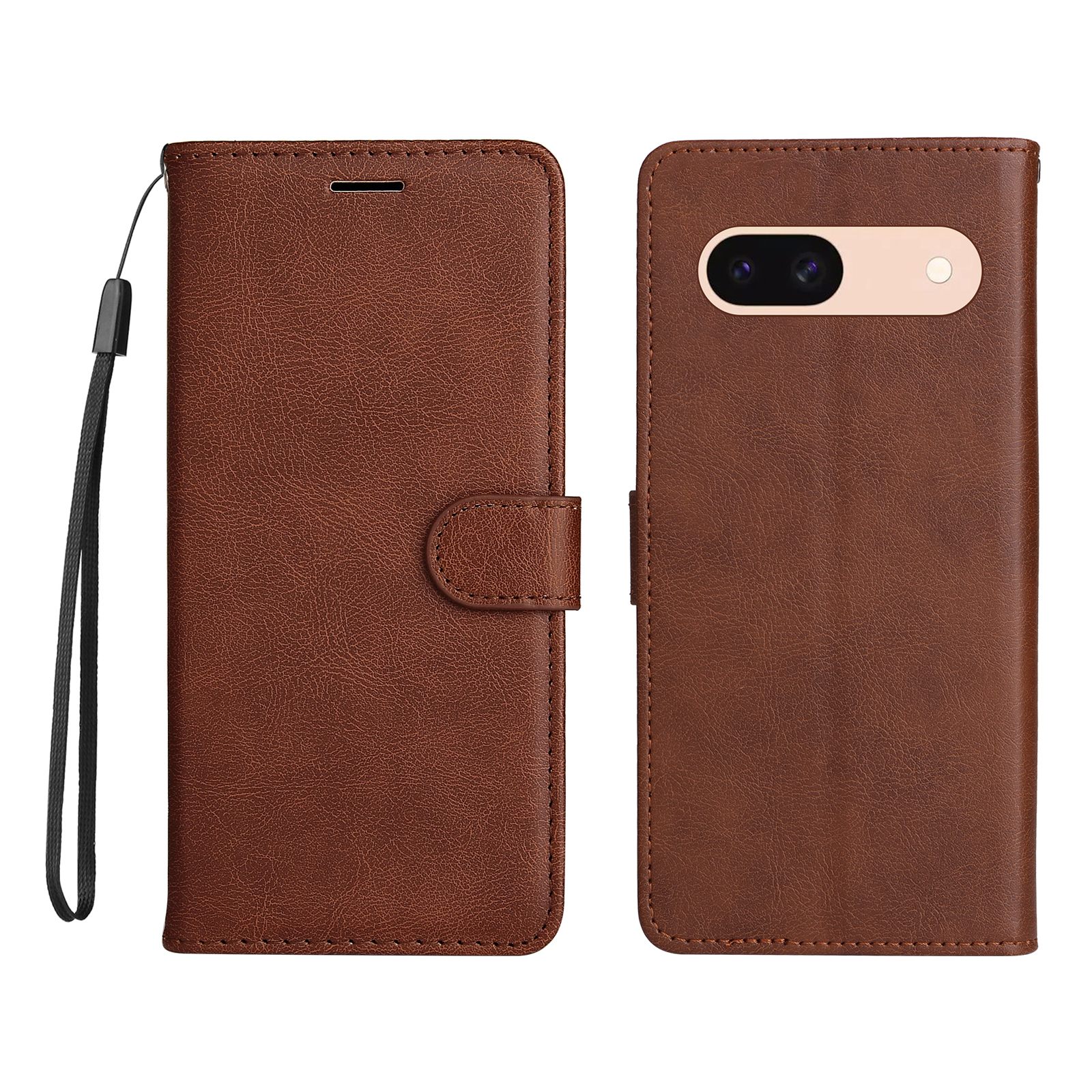 For Google Pixel 8a Leather Wallet Case with Strap Solid Color Phone Stand Cover - Brown
