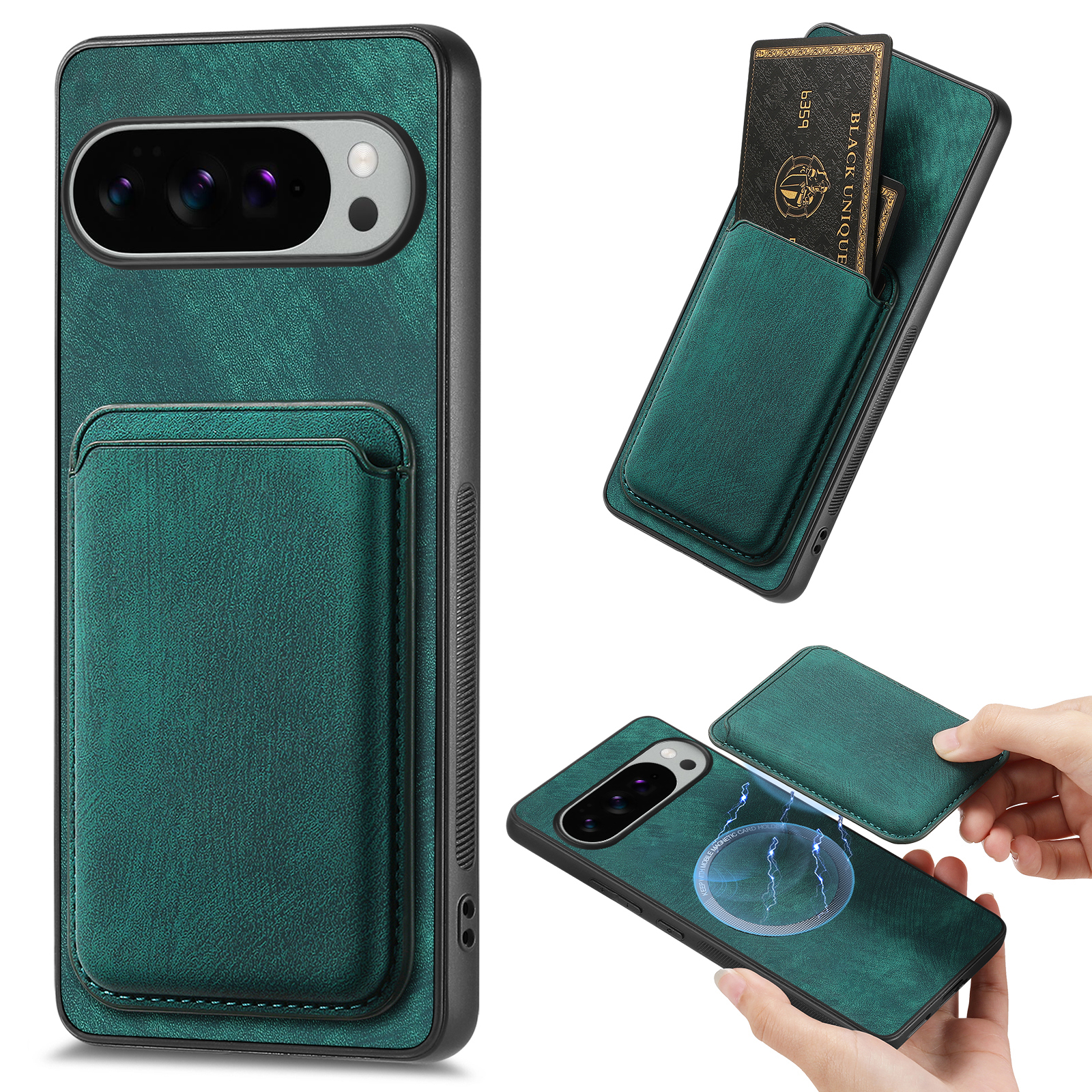 For Google Pixel 10 Pro XL Case Compatible with MagSafe Leather Back Cover with Detachable Card Holder - Green