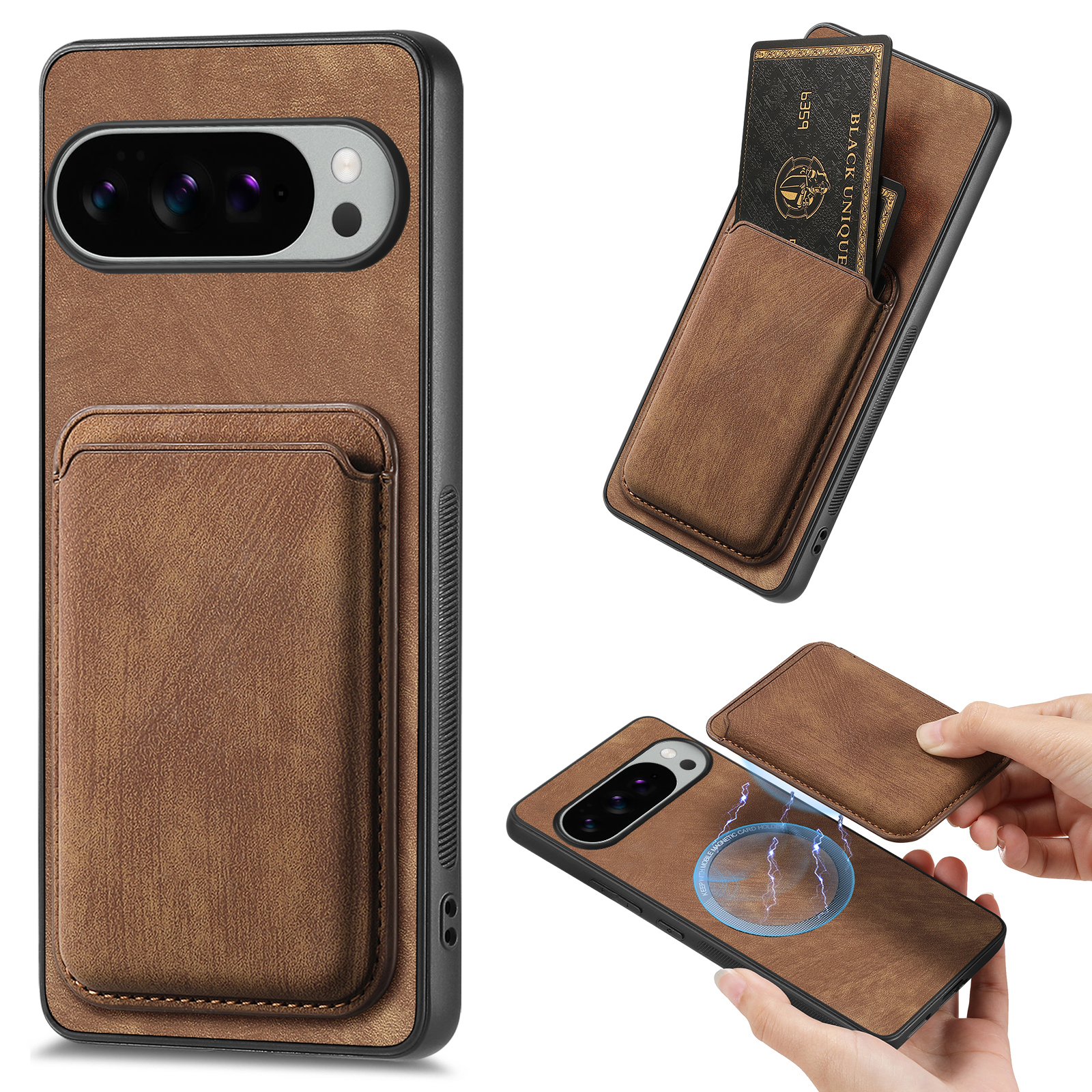 For Google Pixel 10 Pro XL Case Compatible with MagSafe Leather Back Cover with Detachable Card Holder - Brown