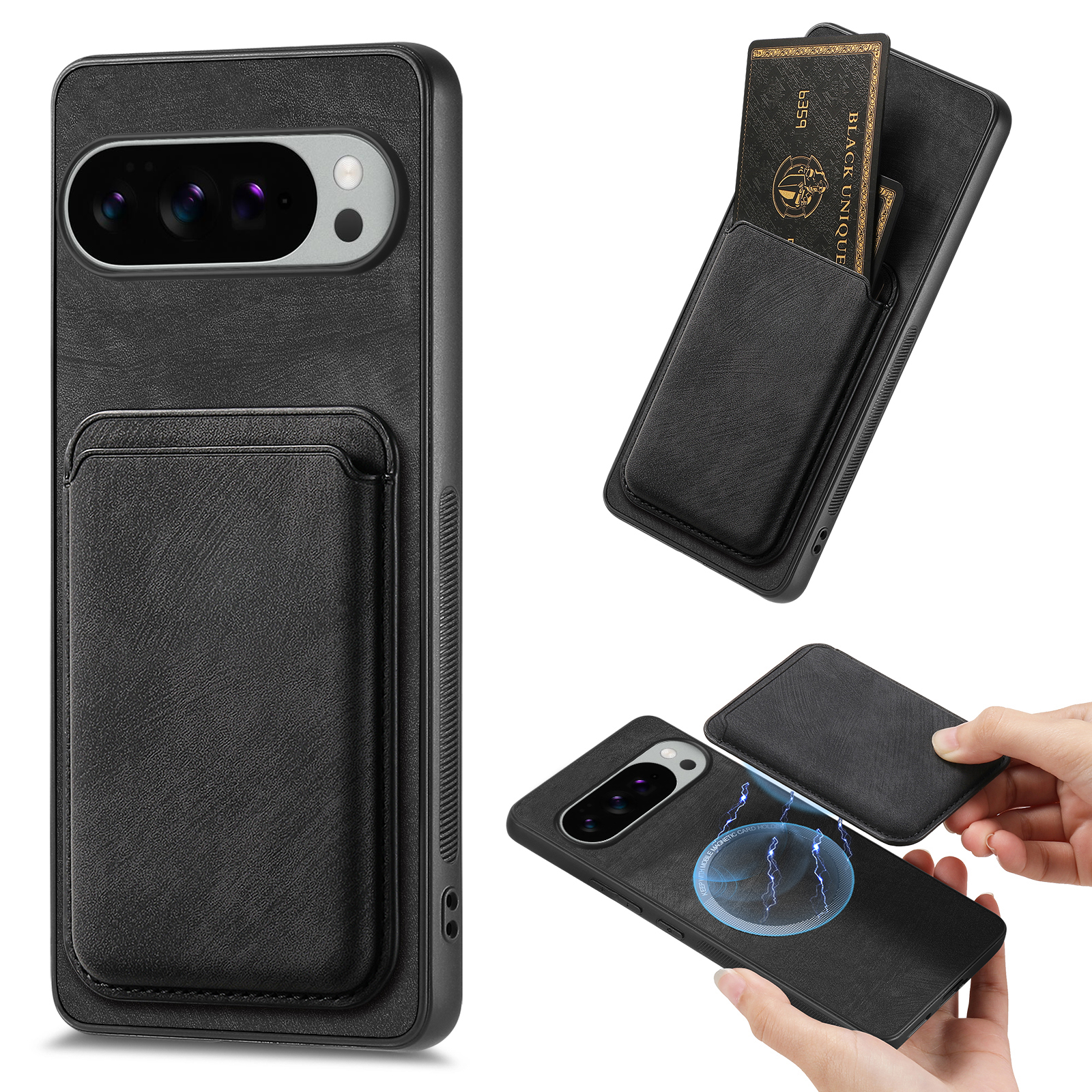 For Google Pixel 10 Pro XL Case Compatible with MagSafe Leather Back Cover with Detachable Card Holder - Black