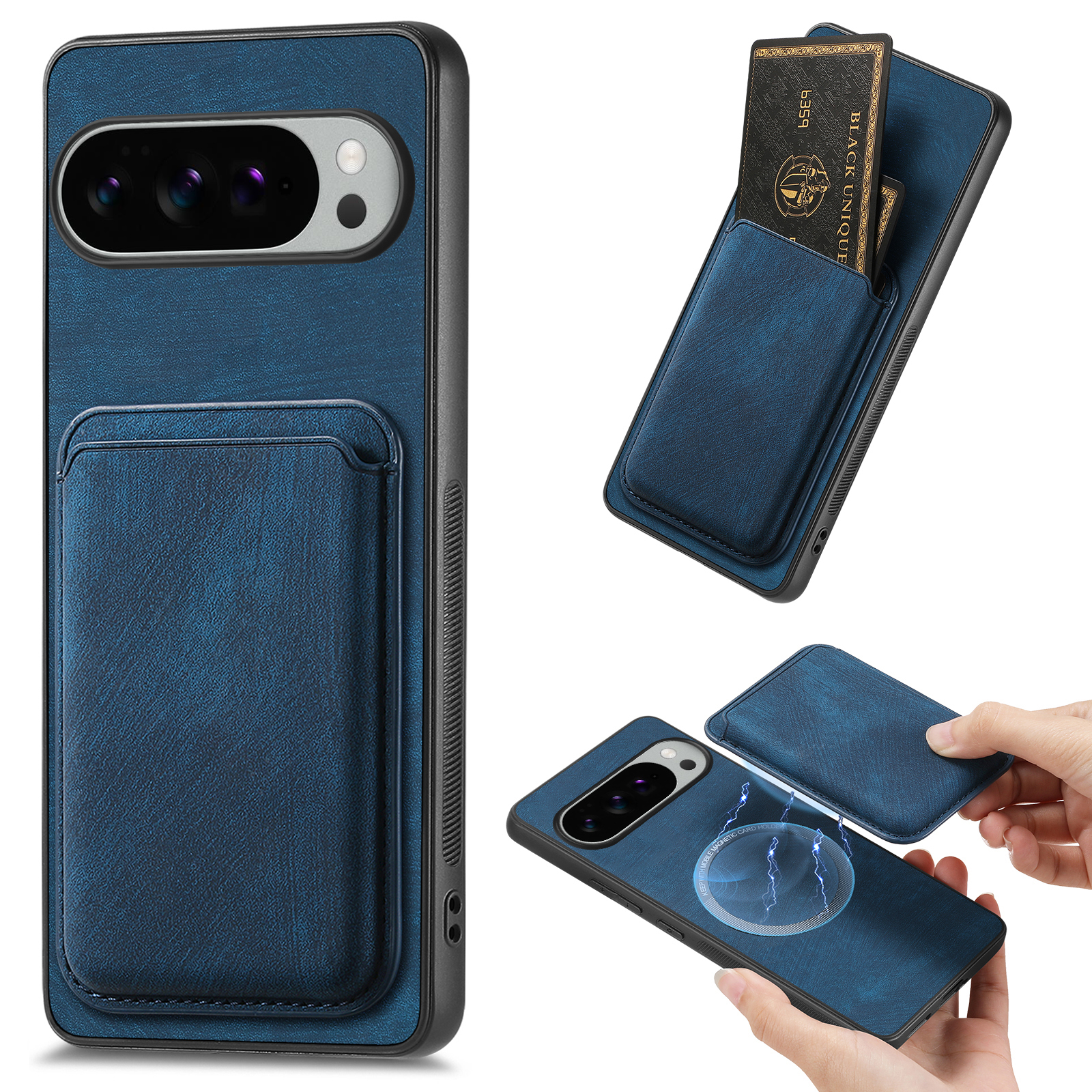 For Google Pixel 10 Pro XL Case Compatible with MagSafe Leather Back Cover with Detachable Card Holder - Blue