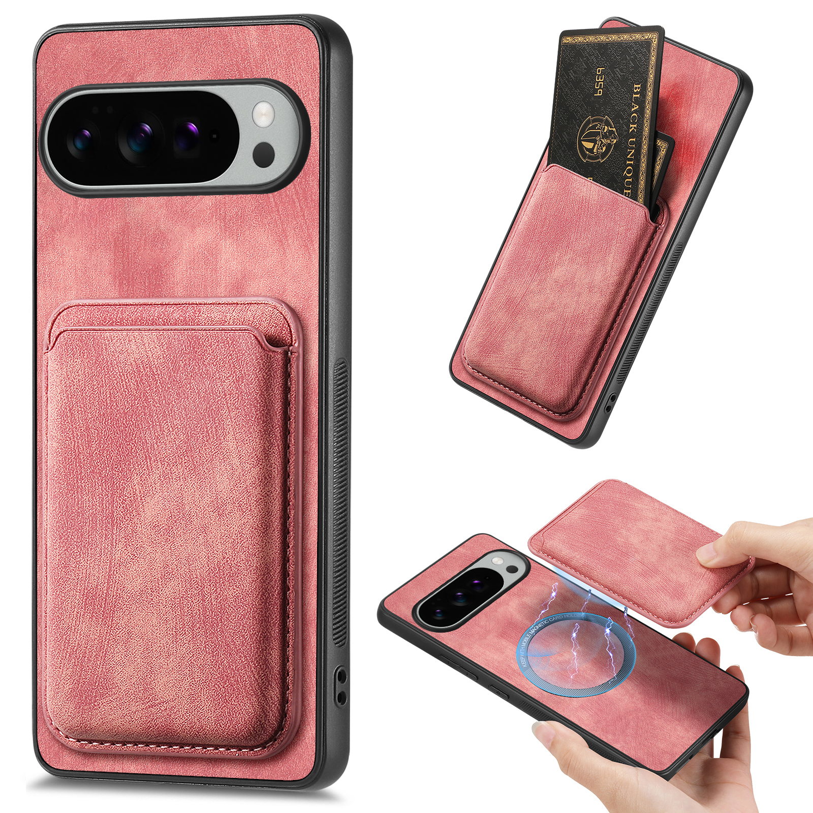 For Google Pixel 10 Pro XL Case Compatible with MagSafe Leather Back Cover with Detachable Card Holder - Pink