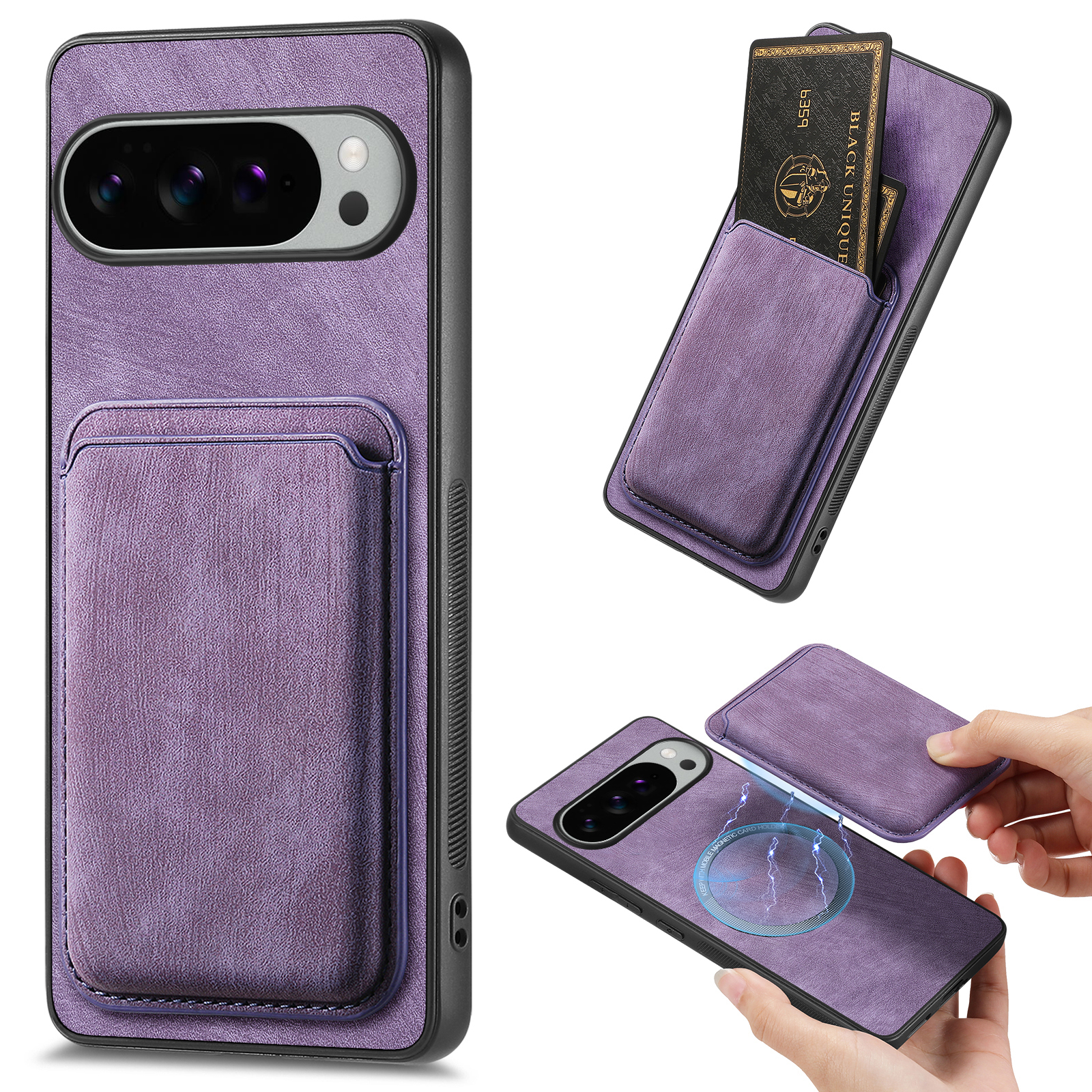For Google Pixel 10 Pro XL Case Compatible with MagSafe Leather Back Cover with Detachable Card Holder - Purple