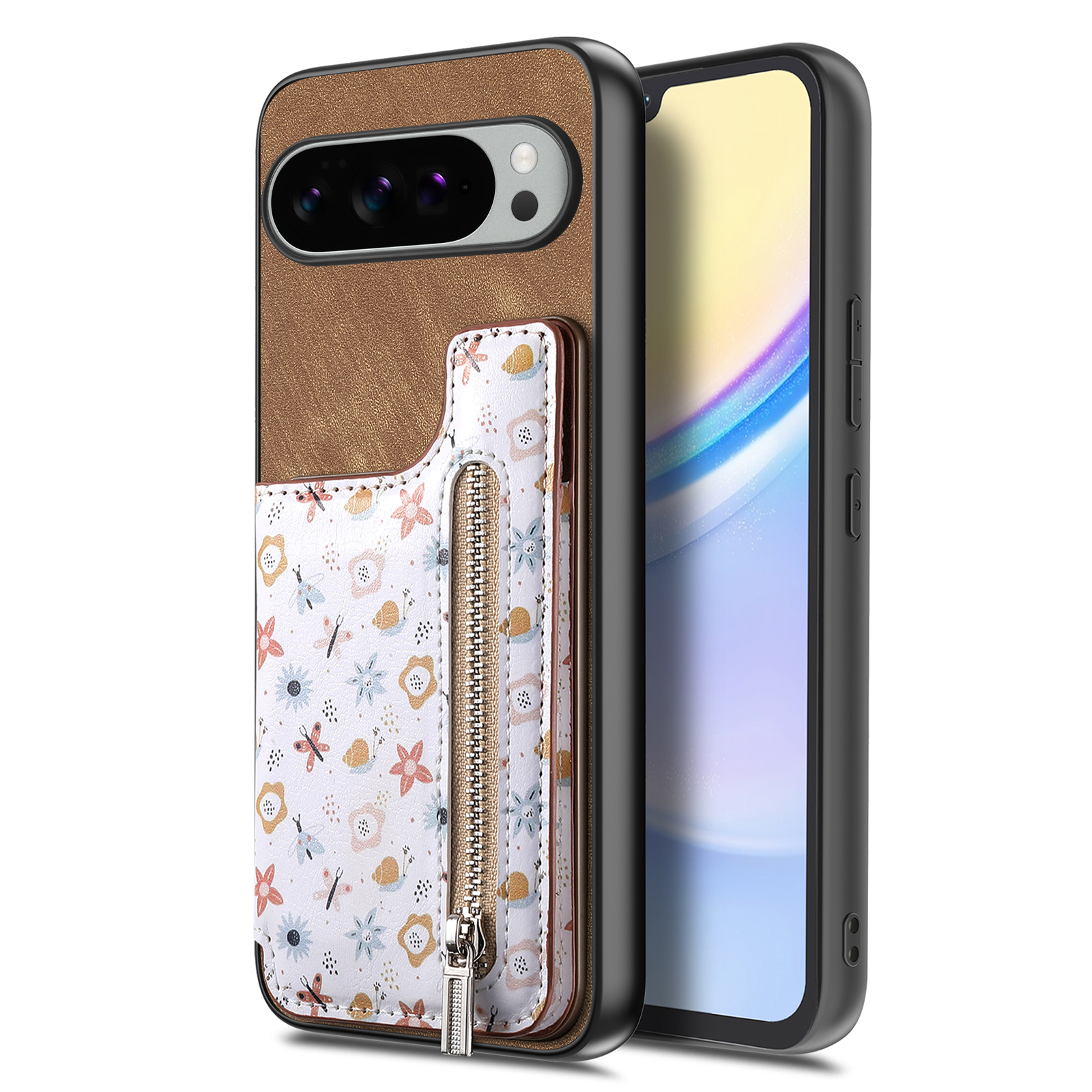 For Google Pixel 10 Pro XL Leather Phone Cover with RFID Blocking Zipper Card Bag Kickstand - Brown