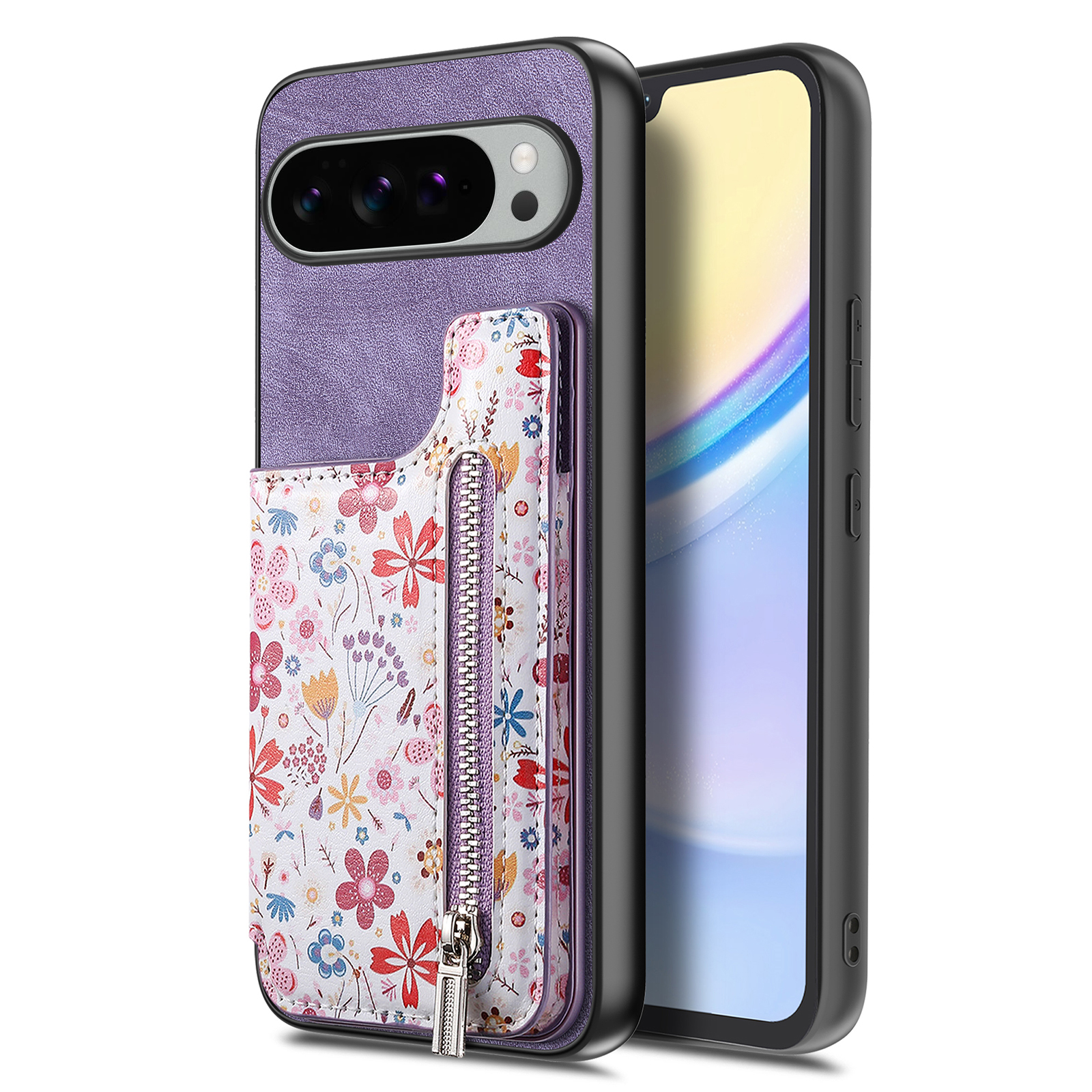 For Google Pixel 10 Pro XL Leather Phone Cover with RFID Blocking Zipper Card Bag Kickstand - Purple