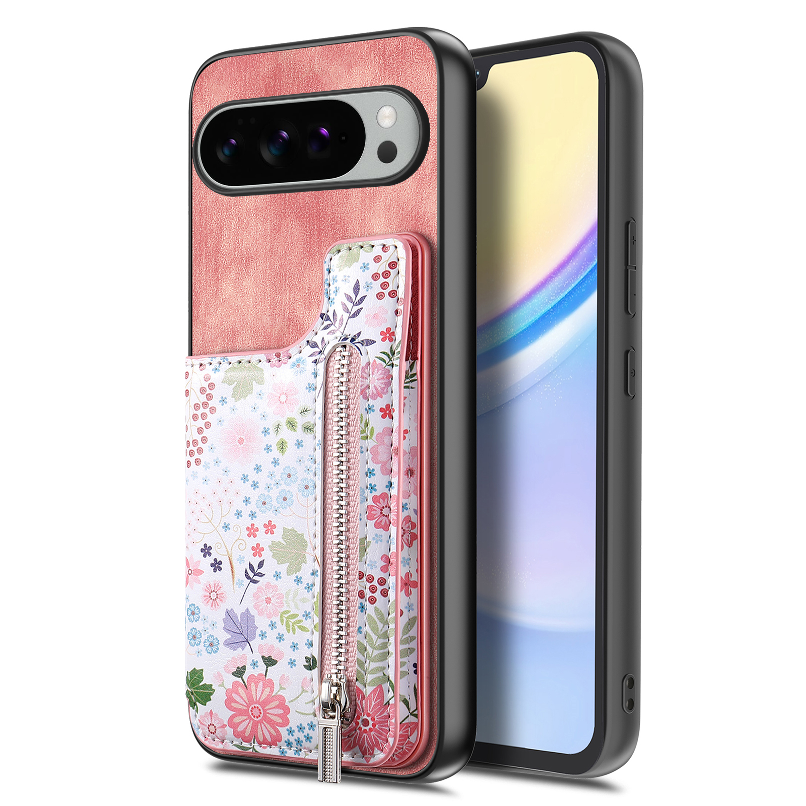 For Google Pixel 10 Pro XL Leather Phone Cover with RFID Blocking Zipper Card Bag Kickstand - Pink