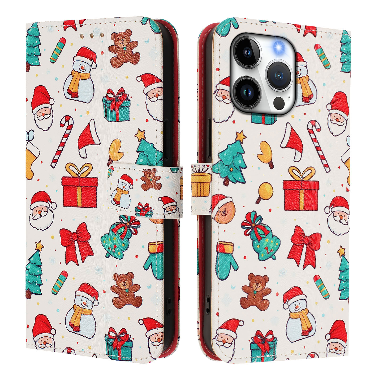 For iPhone 16 Pro Max Wallet Case Christmas Pattern Printing Leather Phone Cover with Lanyard - Christmas Elements