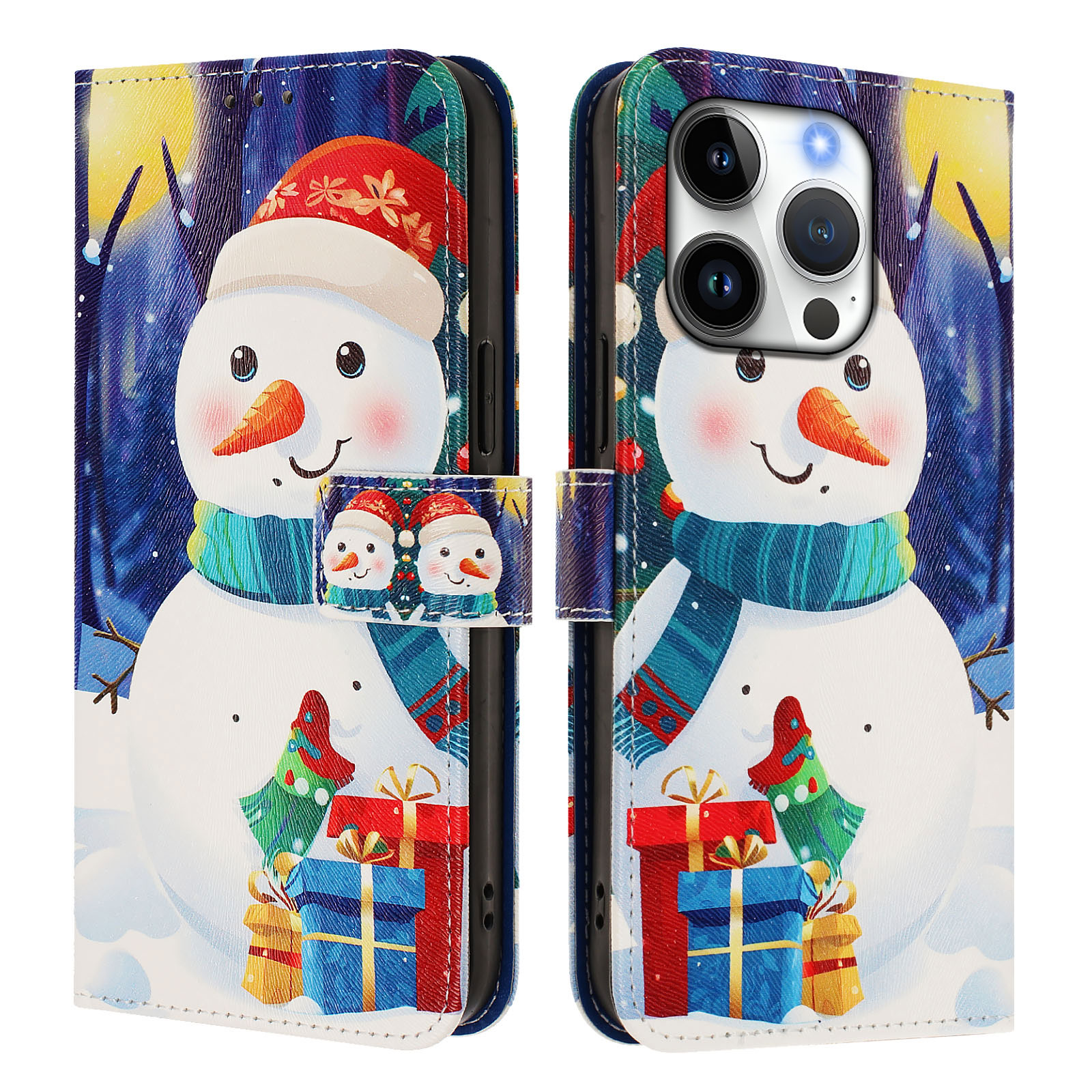 For iPhone 16 Pro Wallet Case Christmas Pattern Printing Leather Phone Cover with Lanyard - Gift Box Snowman