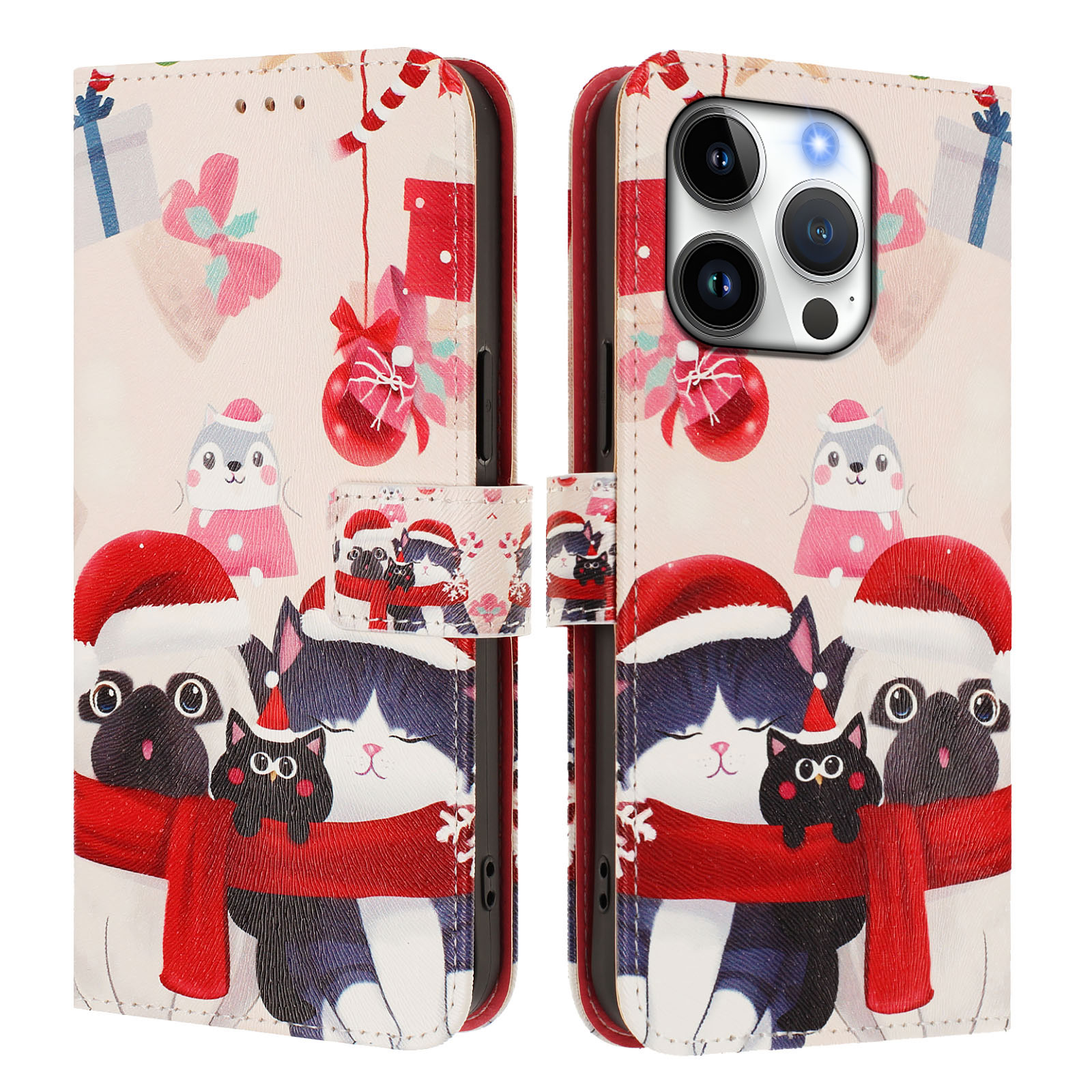 For iPhone 16 Pro Wallet Case Christmas Pattern Printing Leather Phone Cover with Lanyard - Christmas Animals