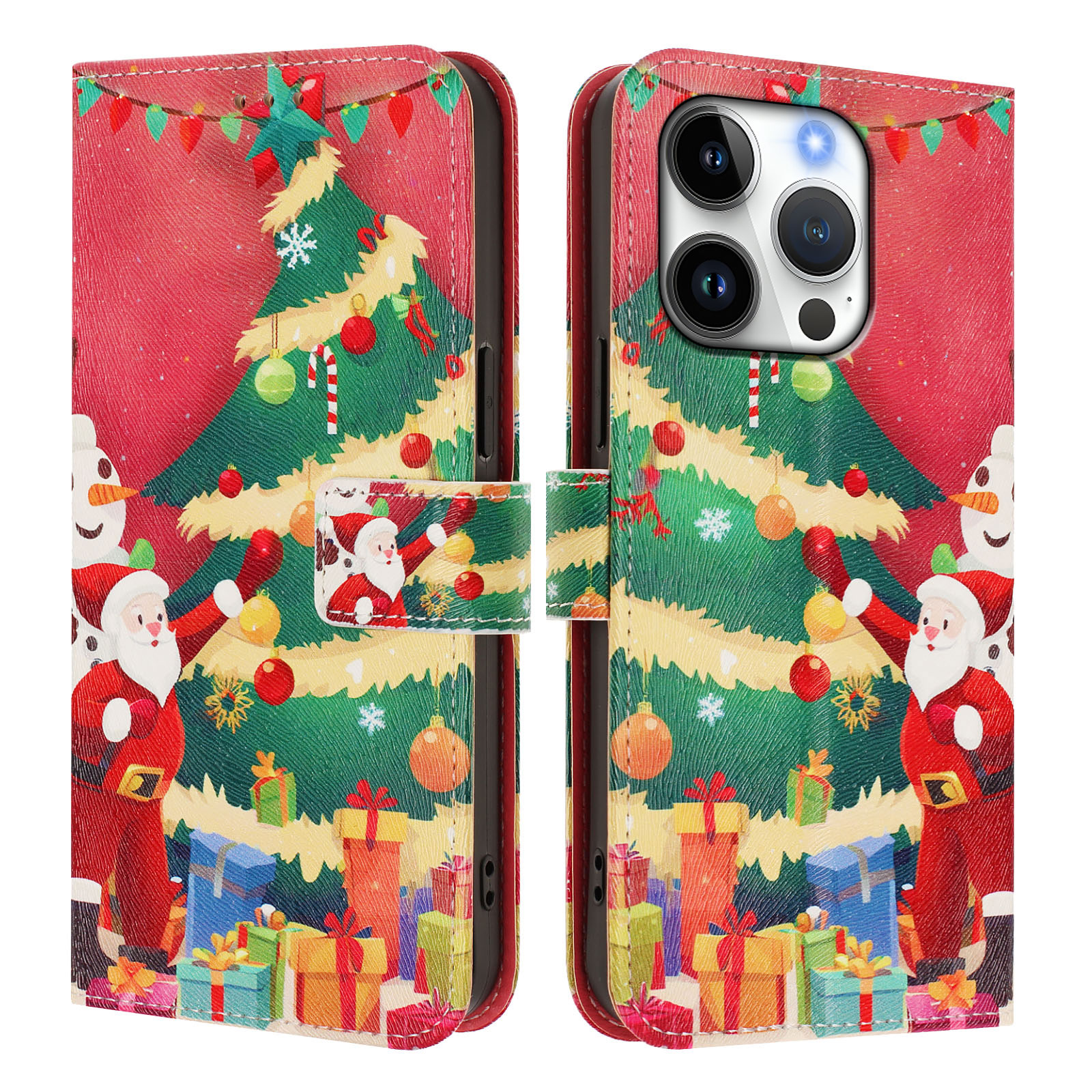 For iPhone 16 Pro Wallet Case Christmas Pattern Printing Leather Phone Cover with Lanyard - Christmas Tree