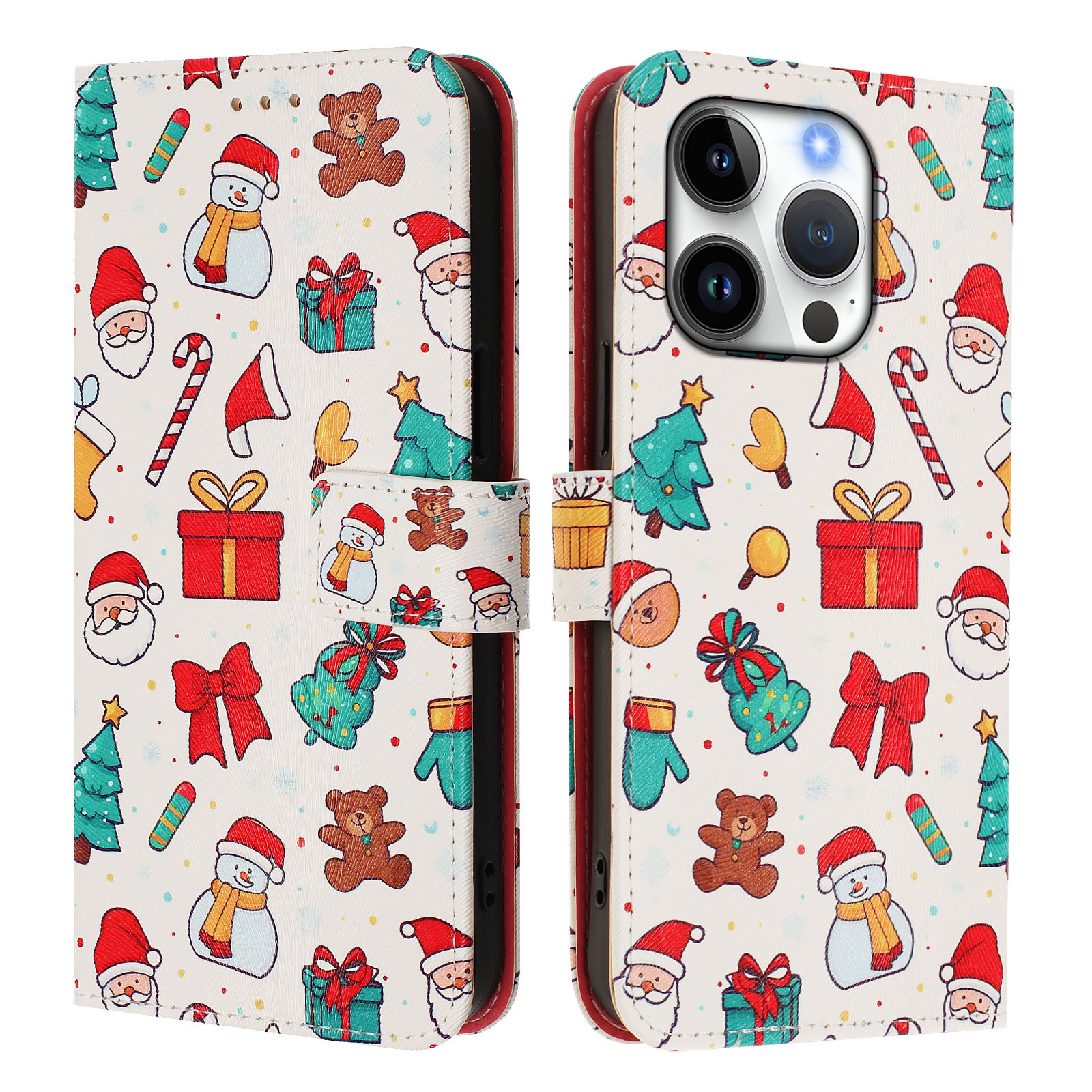 For iPhone 16 Pro Wallet Case Christmas Pattern Printing Leather Phone Cover with Lanyard - Christmas Elements