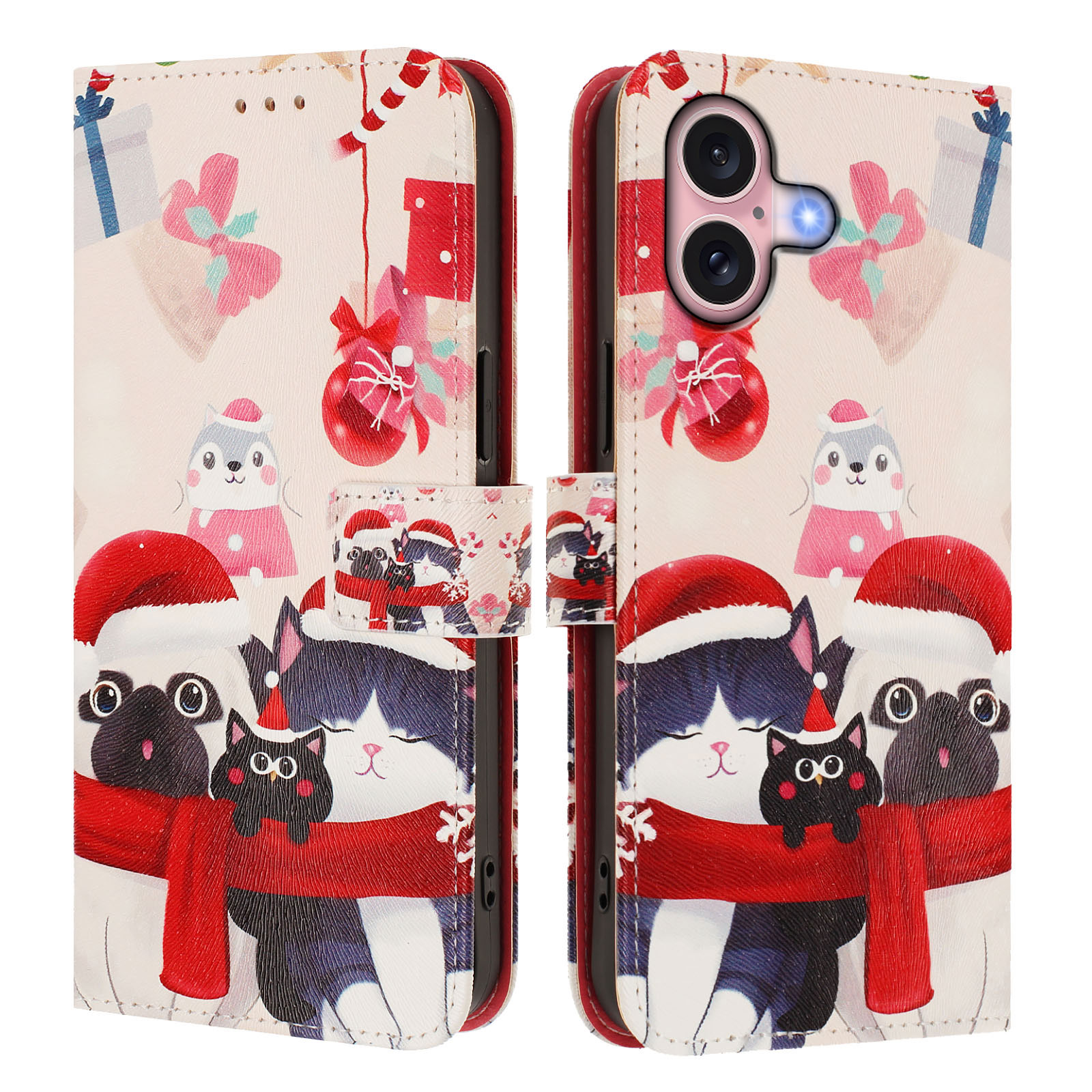 For iPhone 16 Wallet Case Christmas Pattern Printing Leather Phone Cover with Lanyard - Christmas Animals