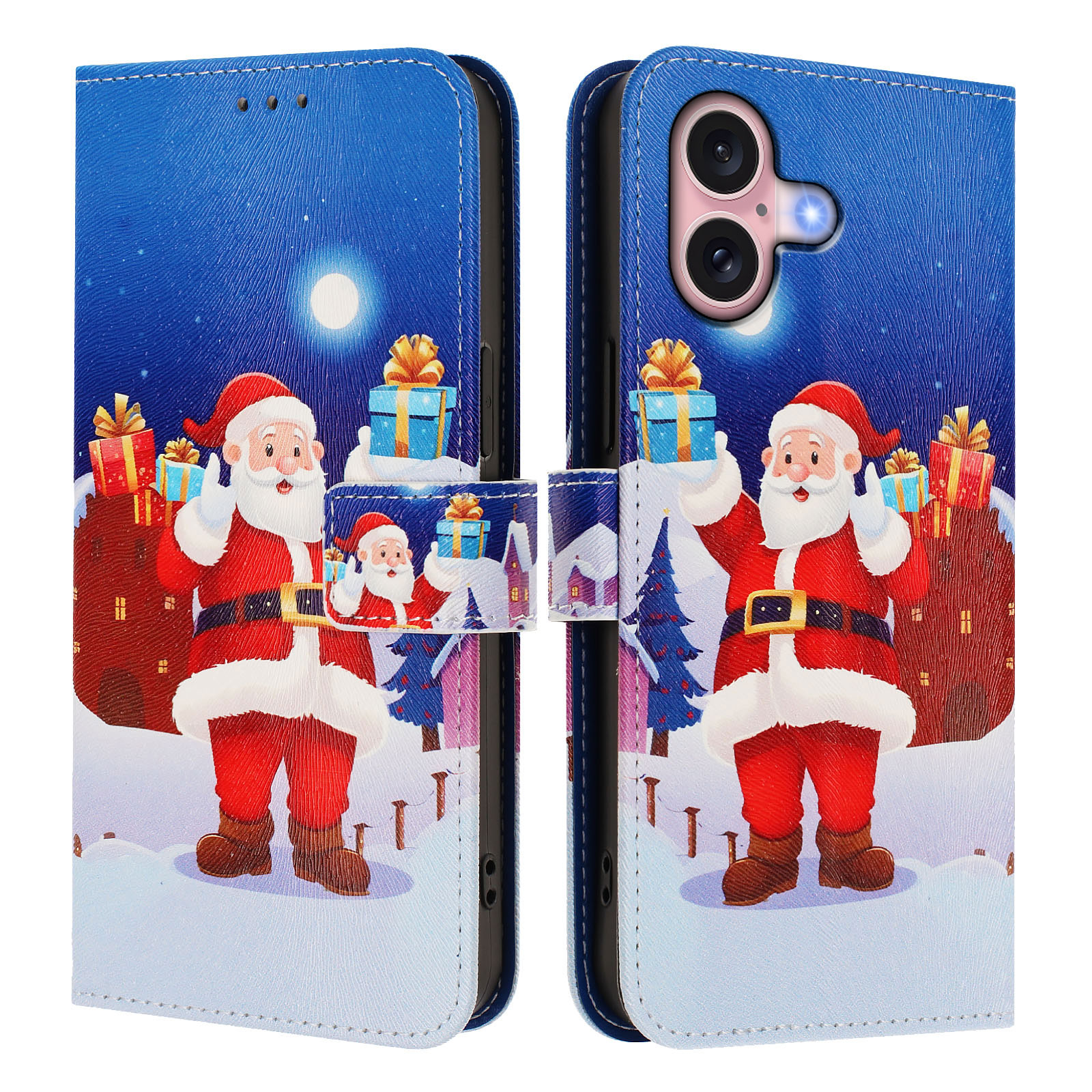 For iPhone 16 Wallet Case Christmas Pattern Printing Leather Phone Cover with Lanyard - Christmas Night Scene