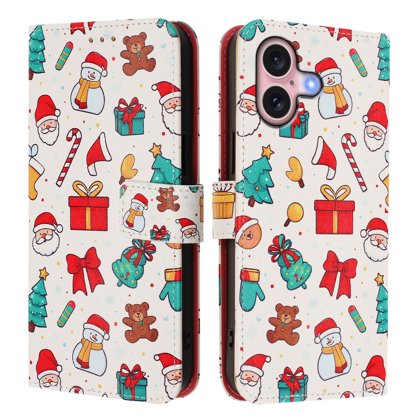 For iPhone 16 Wallet Case Christmas Pattern Printing Leather Phone Cover with Lanyard - Christmas Elements