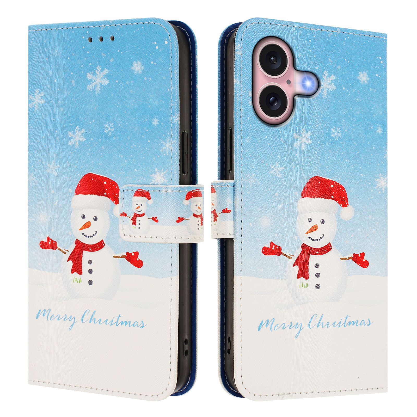 For iPhone 16 Wallet Case Christmas Pattern Printing Leather Phone Cover with Lanyard - Snowflake Snowman