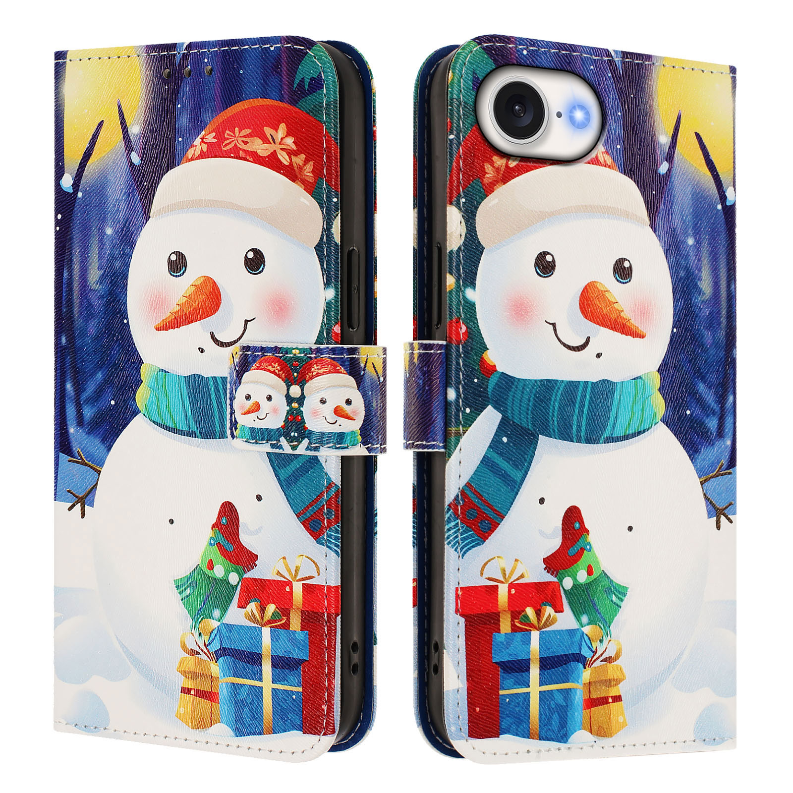 For iPhone 16e Wallet Case Christmas Pattern Printing Leather Phone Cover with Lanyard - Gift Box Snowman