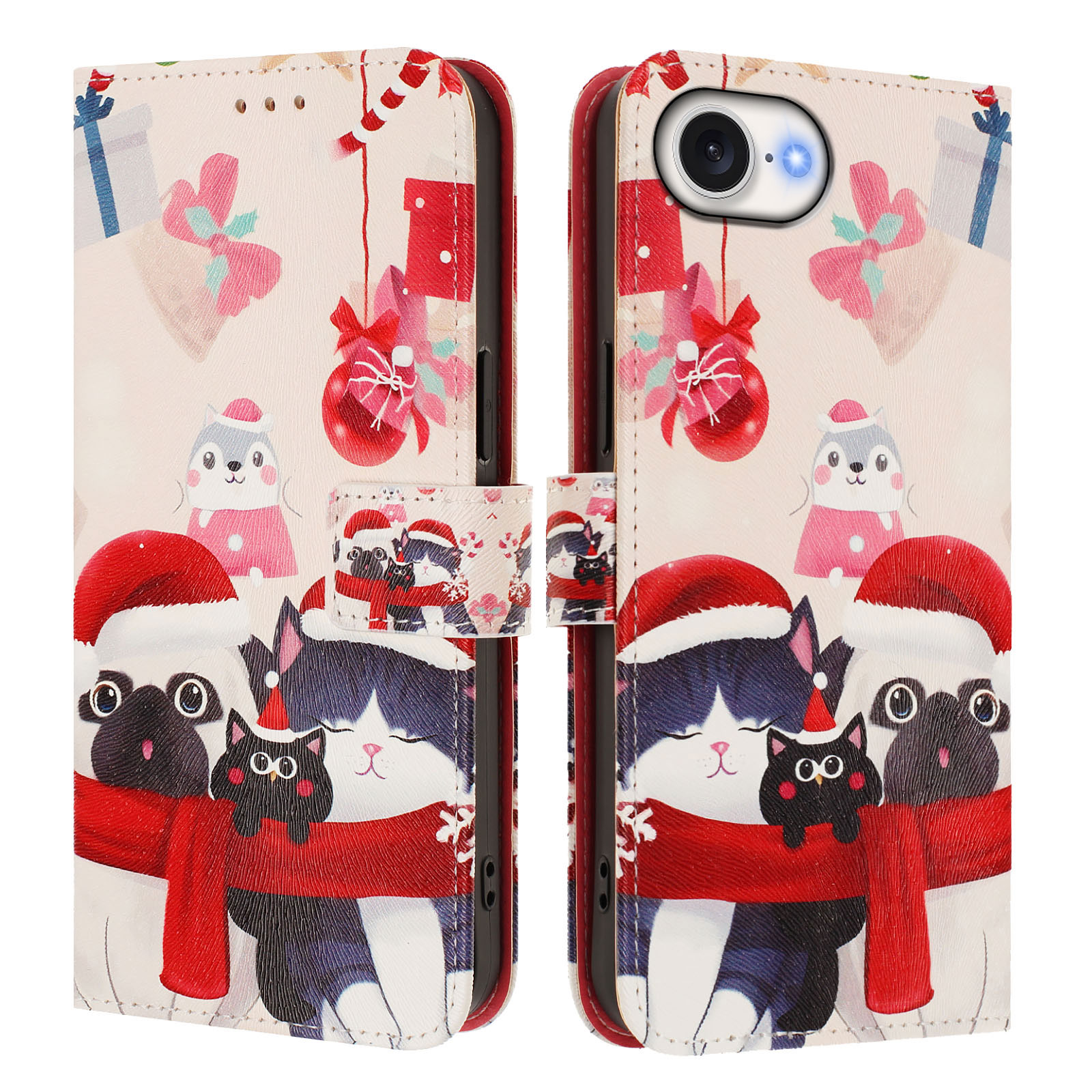 For iPhone 16e Wallet Case Christmas Pattern Printing Leather Phone Cover with Lanyard - Christmas Animals