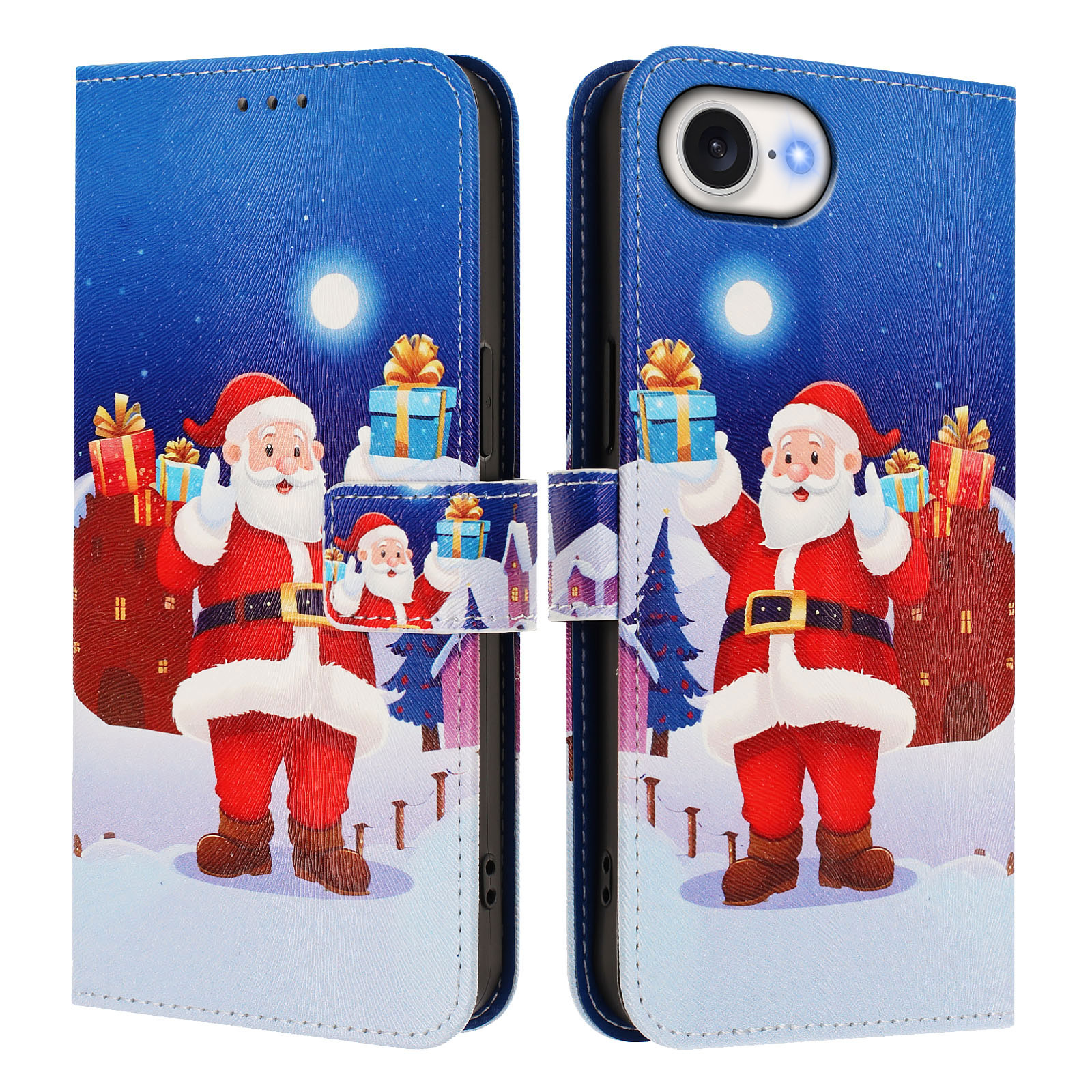For iPhone 16e Wallet Case Christmas Pattern Printing Leather Phone Cover with Lanyard - Christmas Night Scene