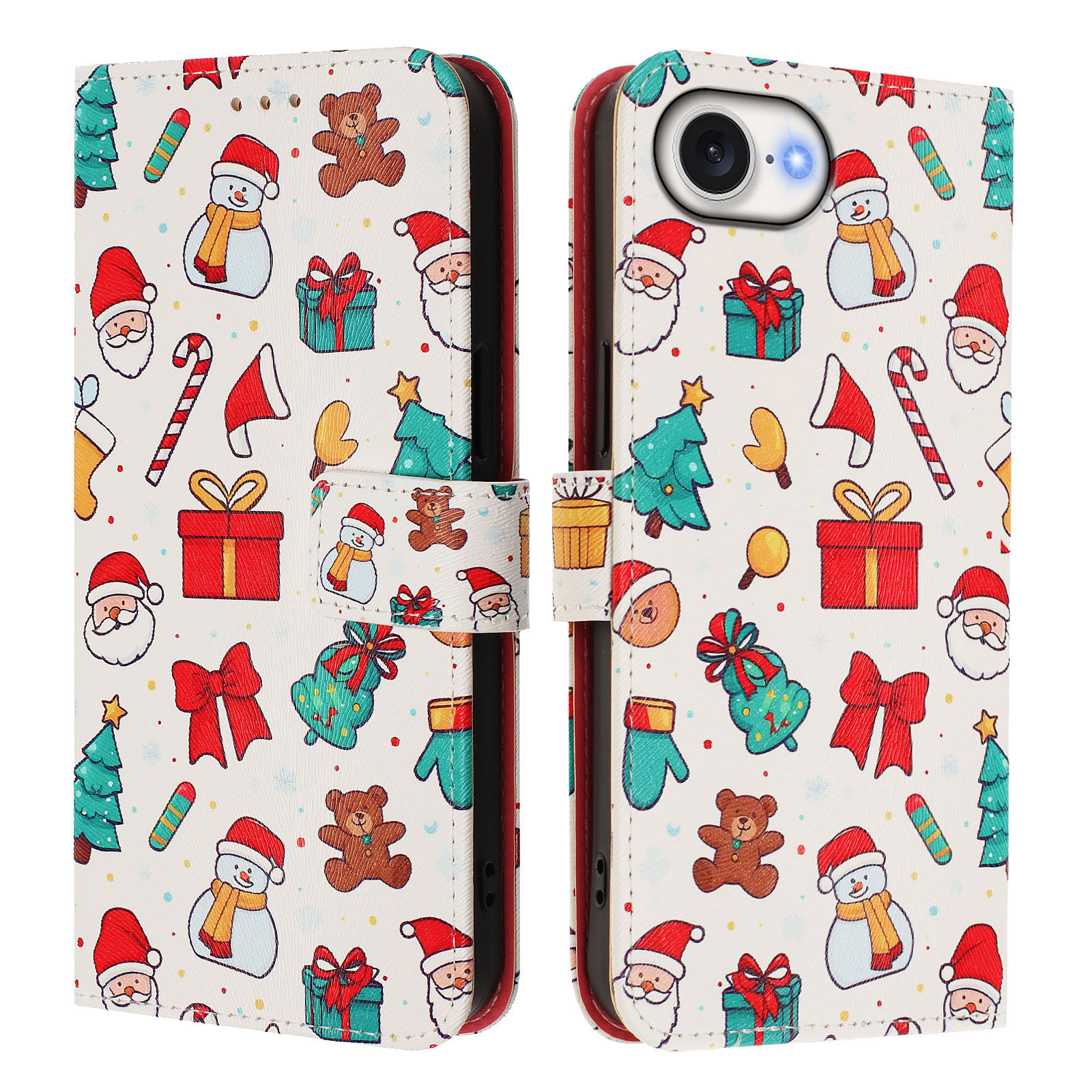 For iPhone 16e Wallet Case Christmas Pattern Printing Leather Phone Cover with Lanyard - Christmas Elements