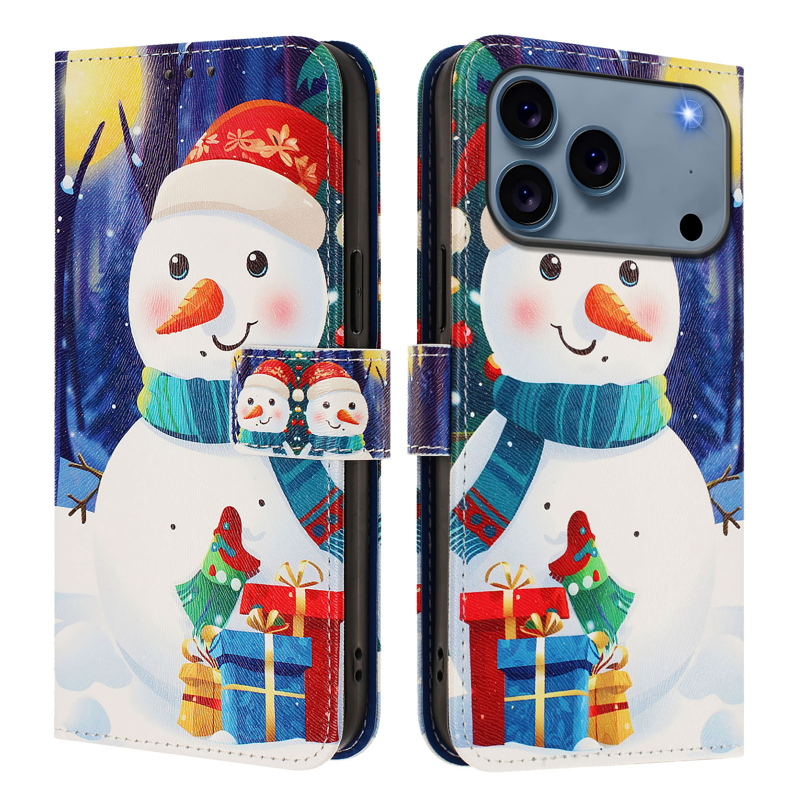 For iPhone 17 Pro Max Wallet Case Christmas Pattern Printing Leather Phone Cover with Lanyard - Gift Box Snowman