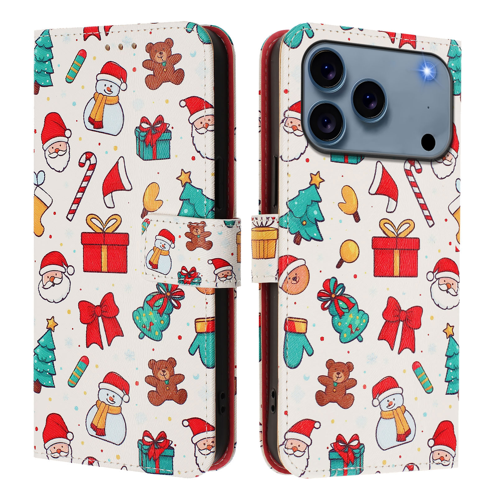 For iPhone 17 Pro Max Wallet Case Christmas Pattern Printing Leather Phone Cover with Lanyard - Christmas Elements