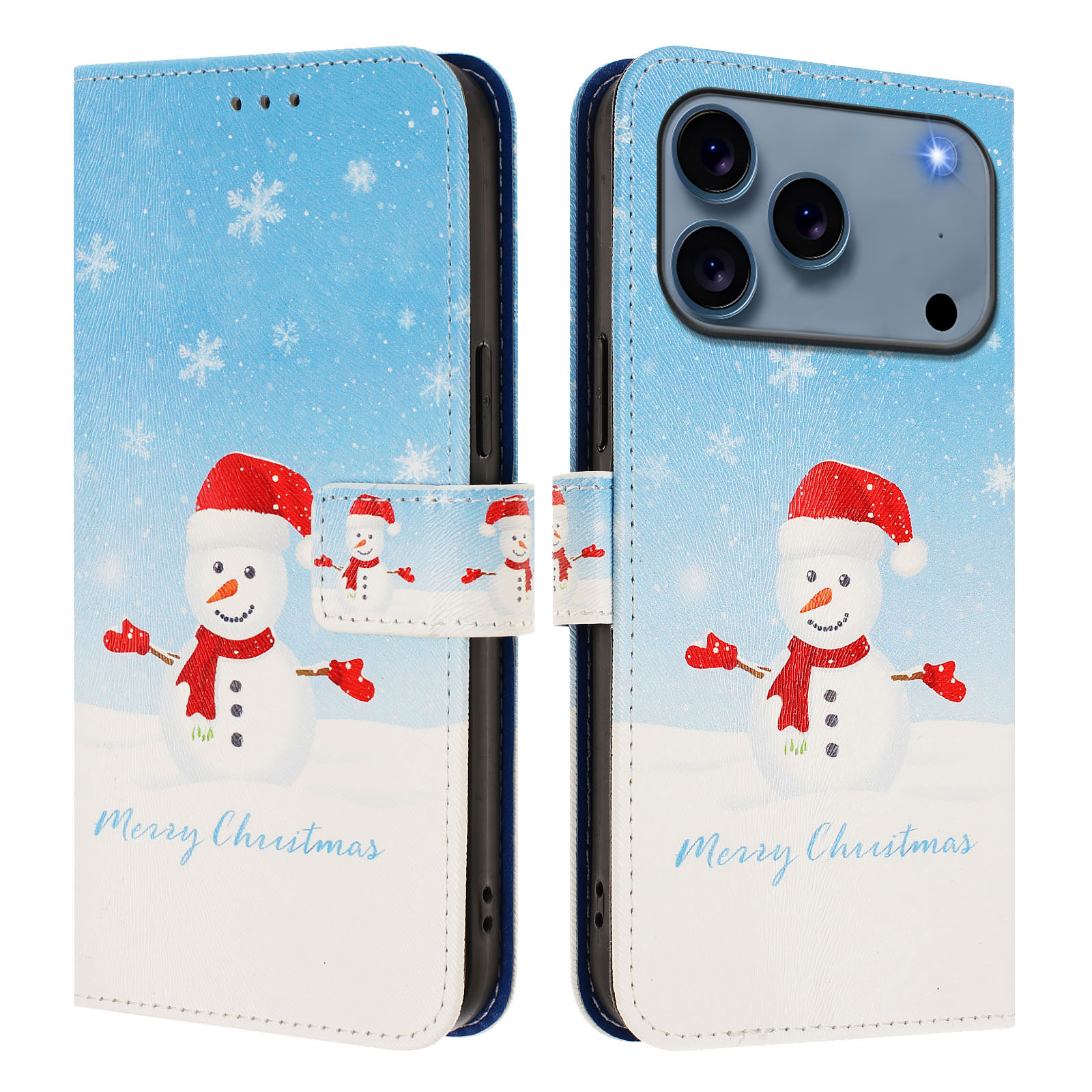 For iPhone 17 Pro Max Wallet Case Christmas Pattern Printing Leather Phone Cover with Lanyard - Snowflake Snowman
