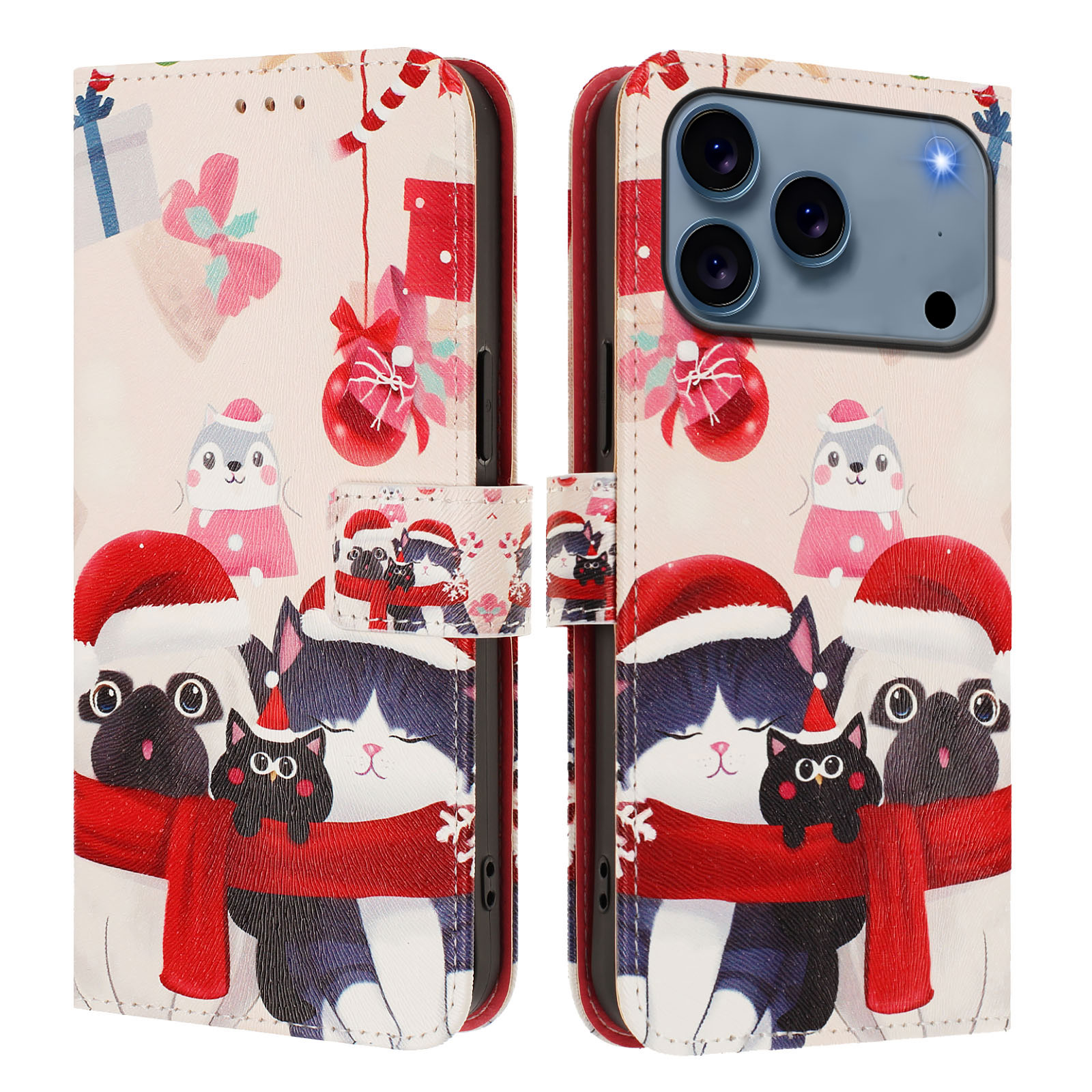For iPhone 17 Pro Wallet Case Christmas Pattern Printing Leather Phone Cover with Lanyard - Christmas Animals