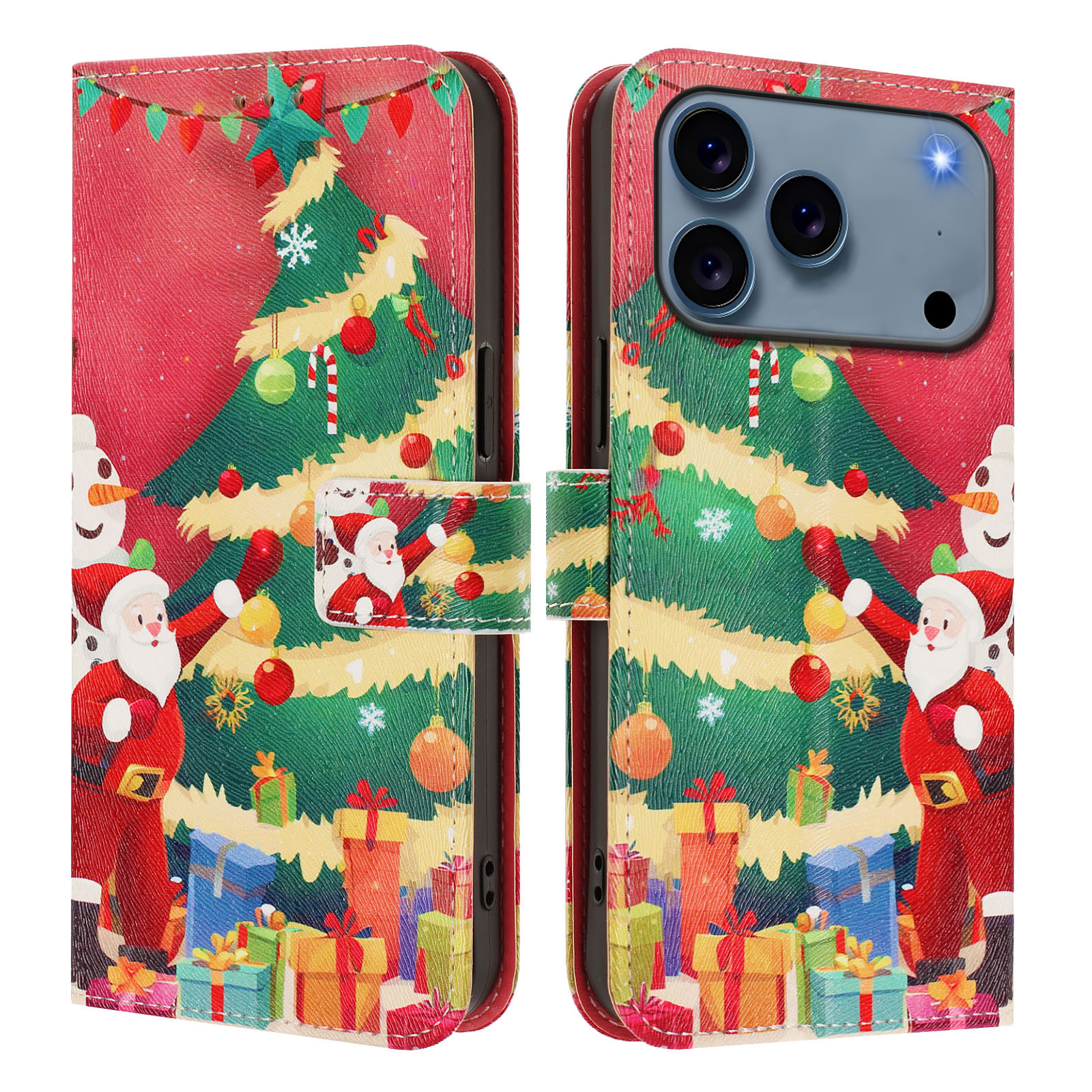 For iPhone 17 Pro Wallet Case Christmas Pattern Printing Leather Phone Cover with Lanyard - Christmas Tree