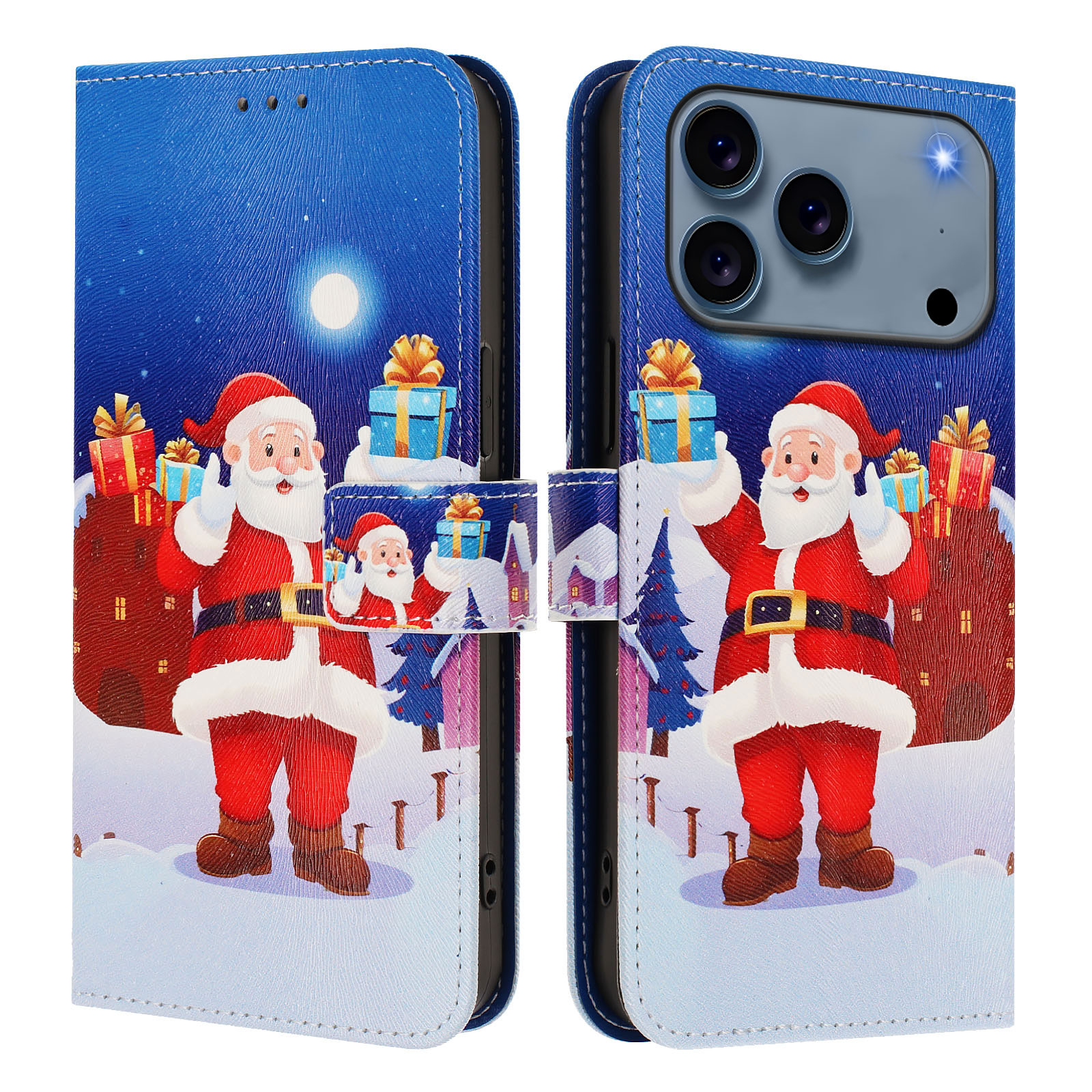 For iPhone 17 Pro Wallet Case Christmas Pattern Printing Leather Phone Cover with Lanyard - Christmas Night Scene