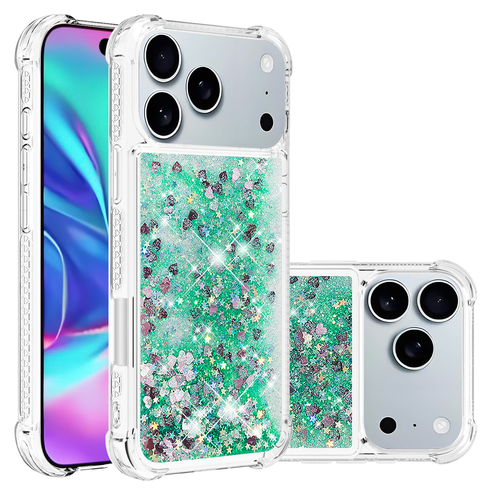 For iPhone 17 Pro Max TPU Case Glitter Quicksand Shockproof Phone Back Cover - Green / Hearts