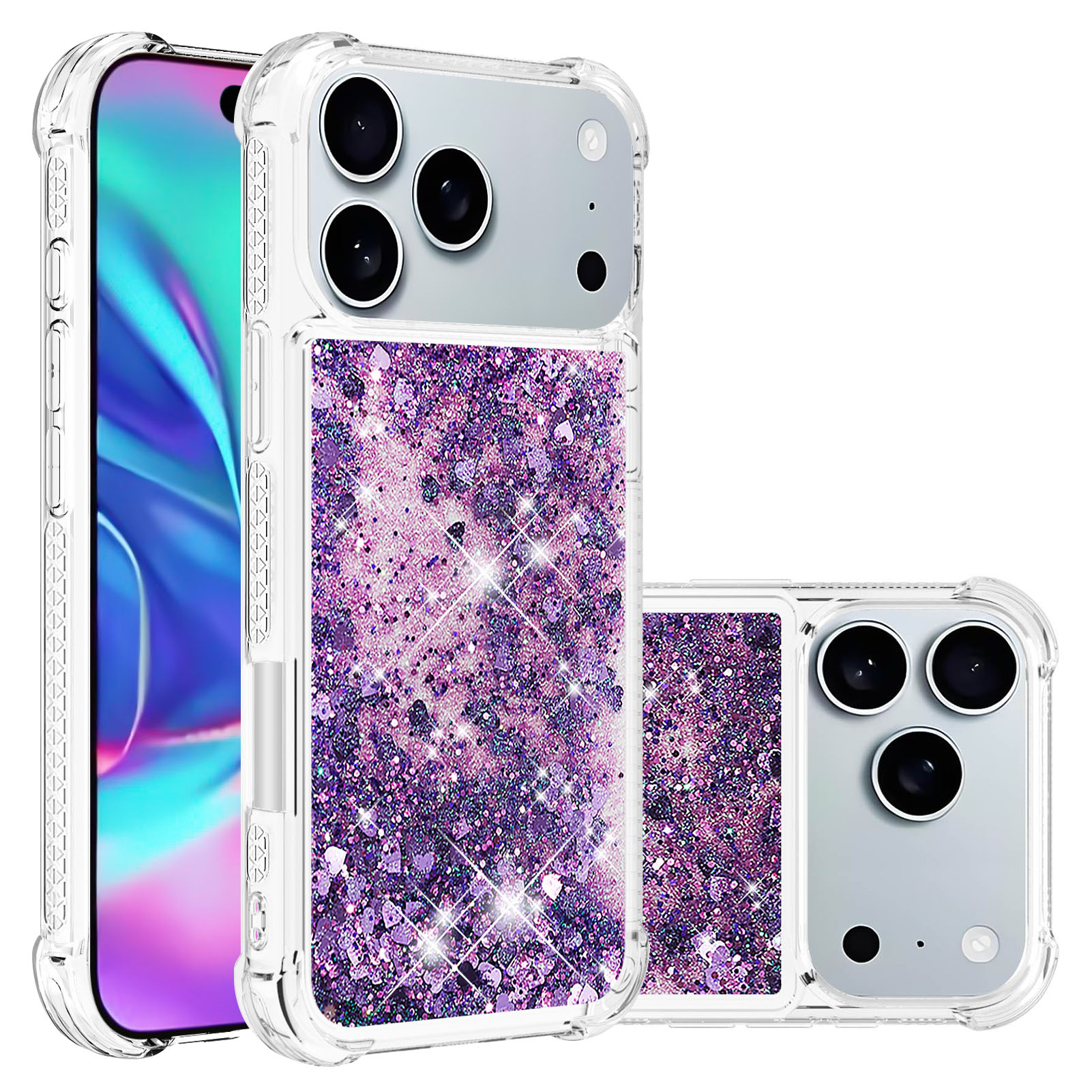 For iPhone 17 Pro TPU Case Glitter Quicksand Shockproof Phone Back Cover - Dark Purple / Hearts