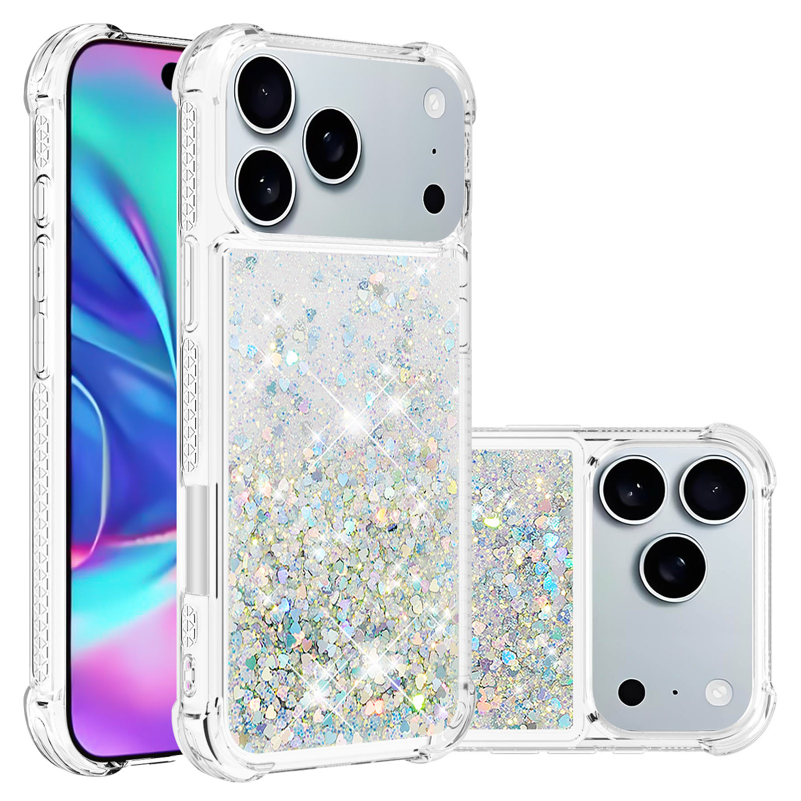 For iPhone 17 Pro TPU Case Glitter Quicksand Shockproof Phone Back Cover - Silver / Hearts