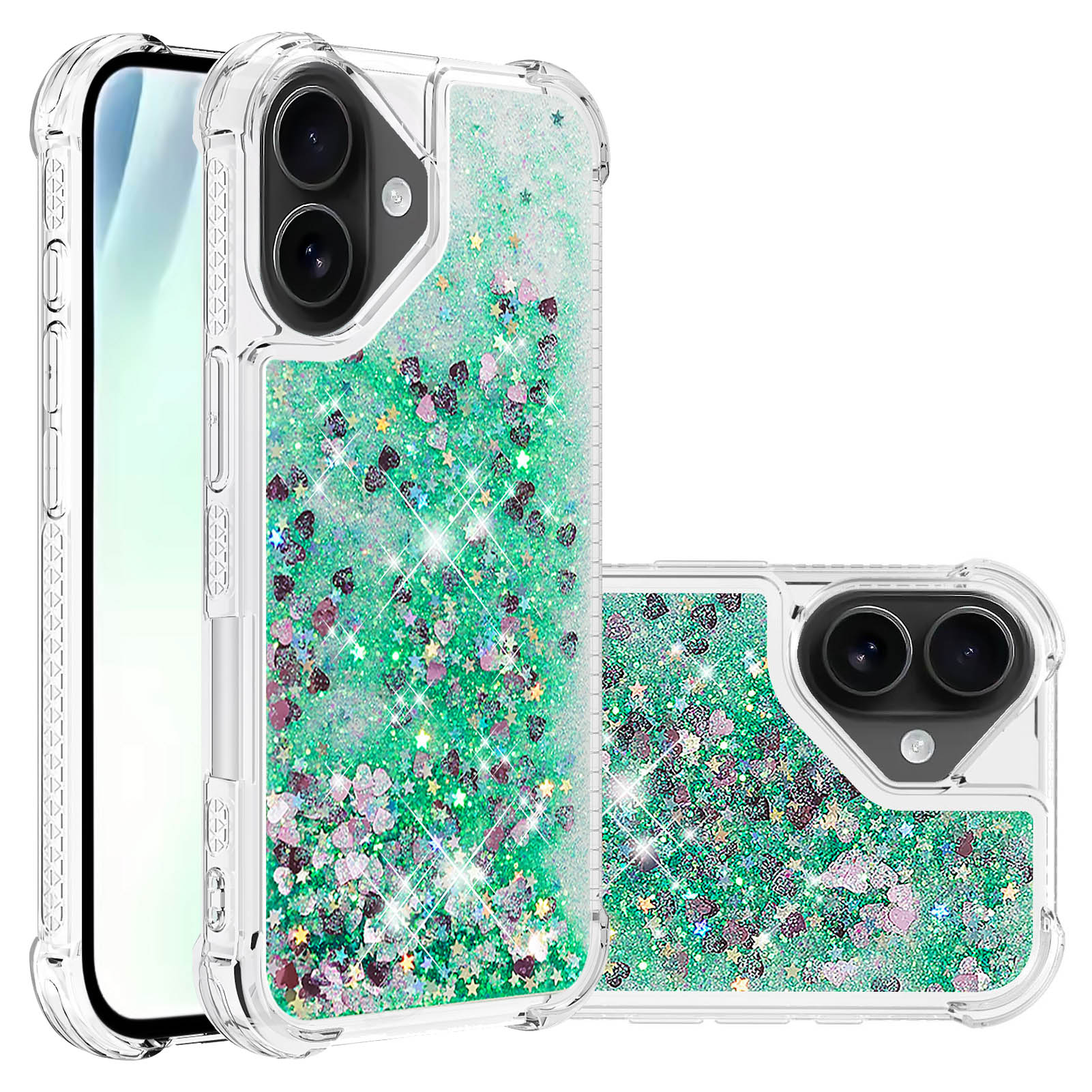For iPhone 17 TPU Case Glitter Quicksand Shockproof Phone Back Cover - Green / Hearts