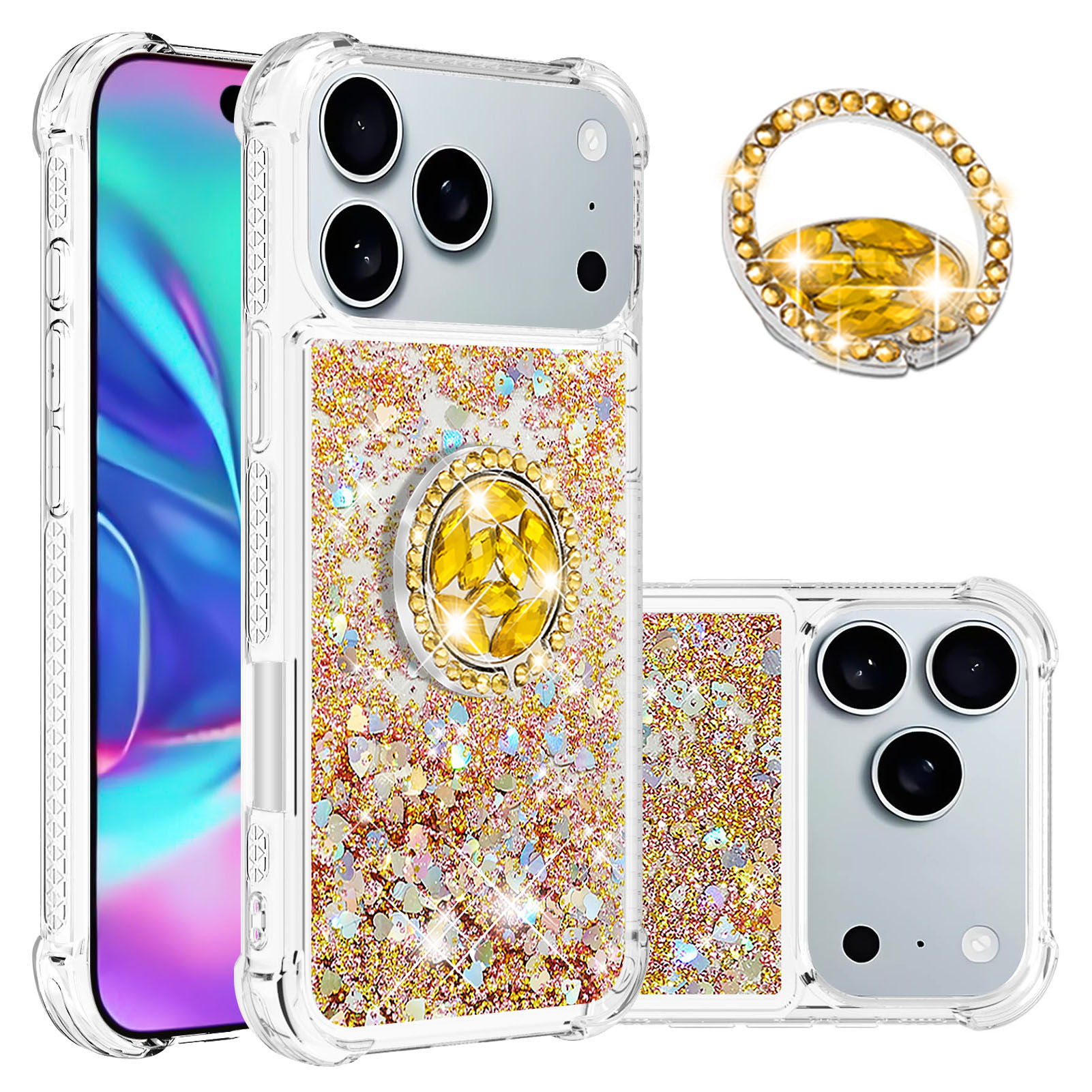 For iPhone 17 Pro TPU Case with Kickstand Quicksand Shockproof Cover - Gold / Hearts