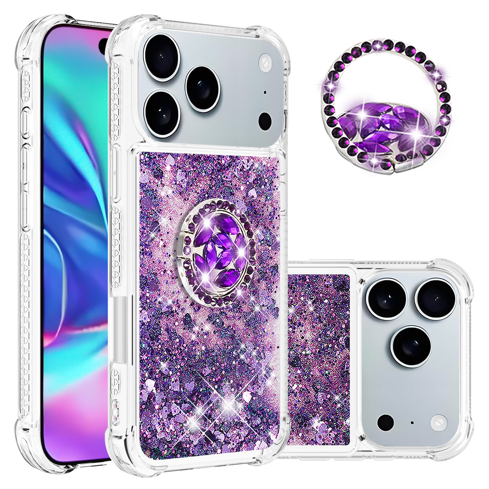 For iPhone 17 Pro TPU Case with Kickstand Quicksand Shockproof Cover - Dark Purple / Heart
