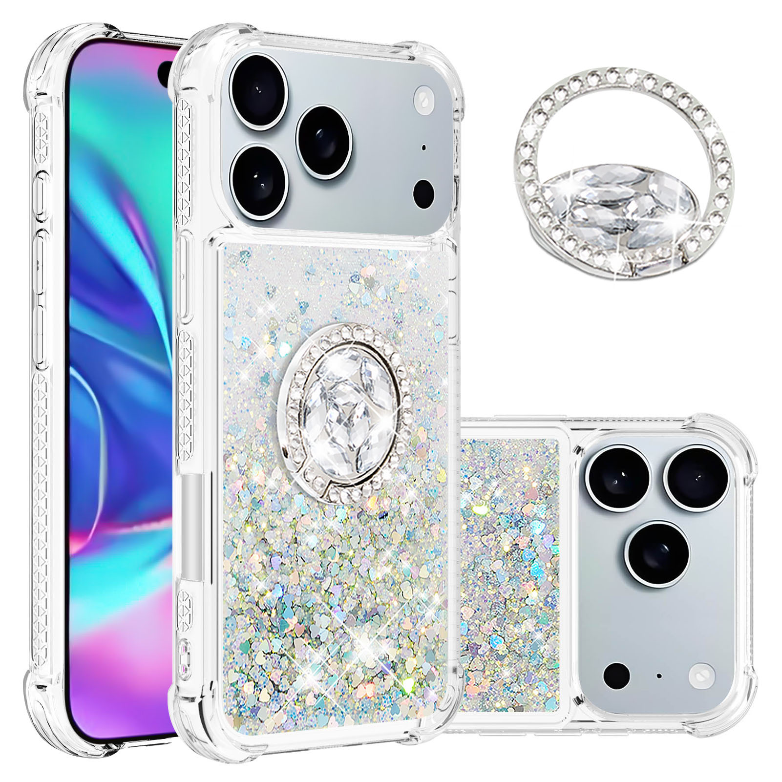 For iPhone 17 Pro TPU Case with Kickstand Quicksand Shockproof Cover - Silver / Hearts