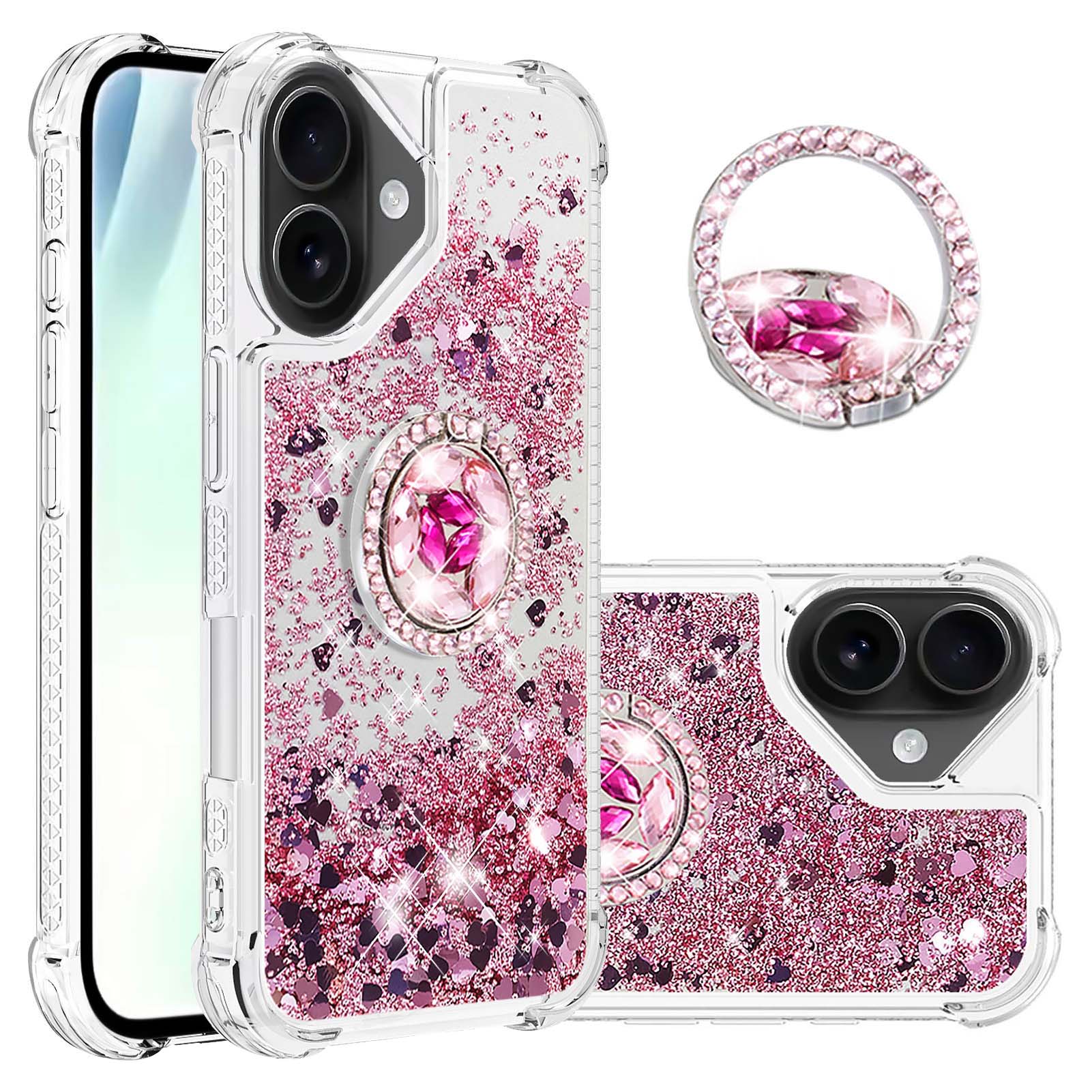 For iPhone 17 TPU Case with Kickstand Quicksand Shockproof Cover - Rose Gold / Hearts