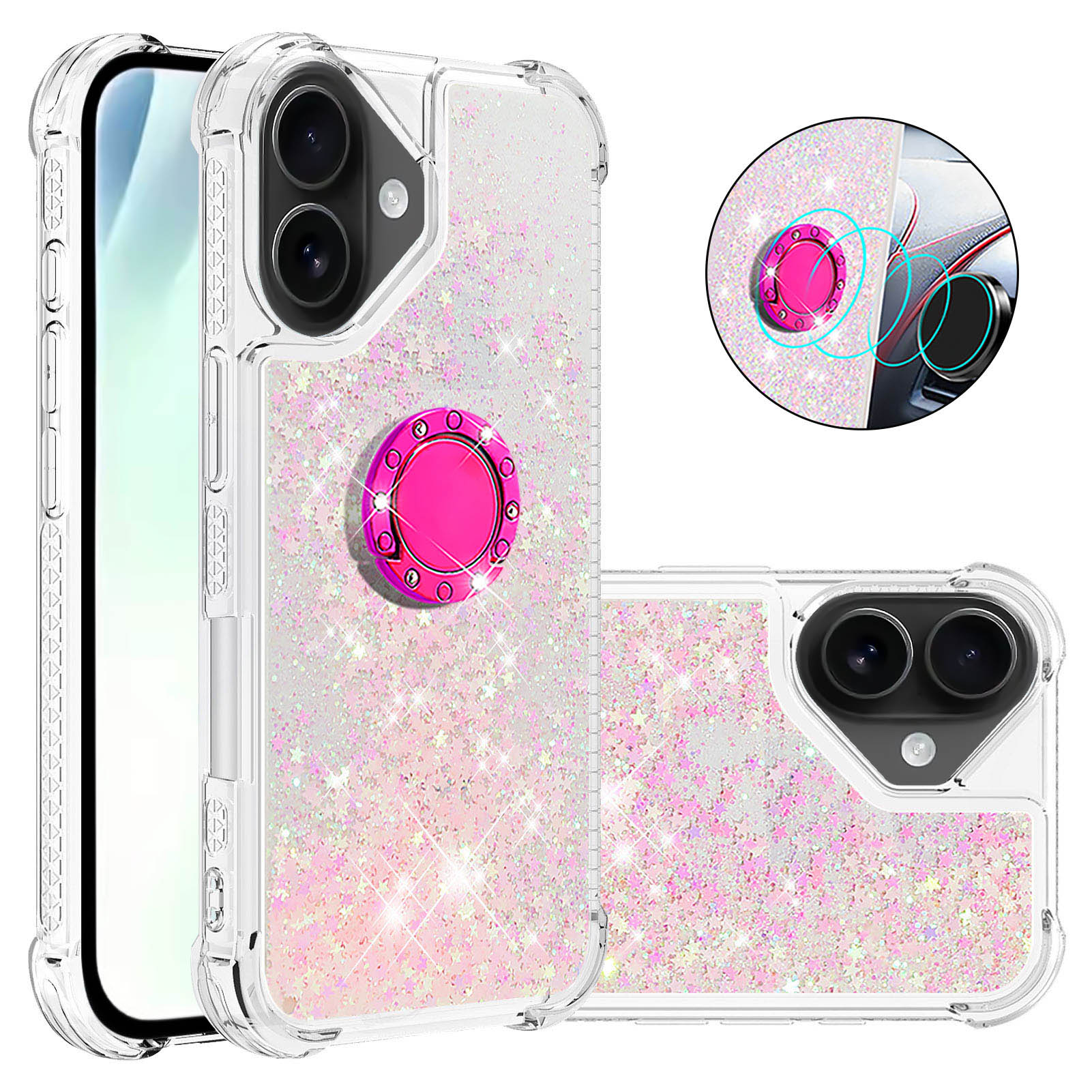 For iPhone 17 TPU Case with Kickstand Quicksand Shockproof Cover - Pink / Pentagram