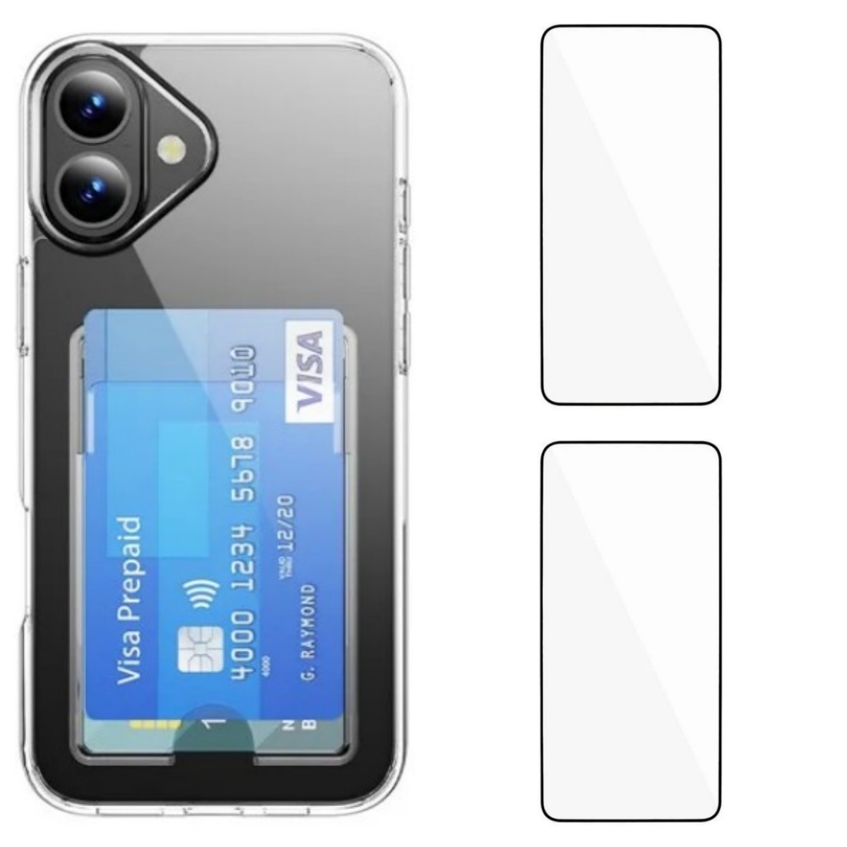 For iPhone 16 Clear Phone Case with 2Pcs Screen Film WANLONFENG CK1 Series Card Holder Cover (Big Lens Hole) - Transparent