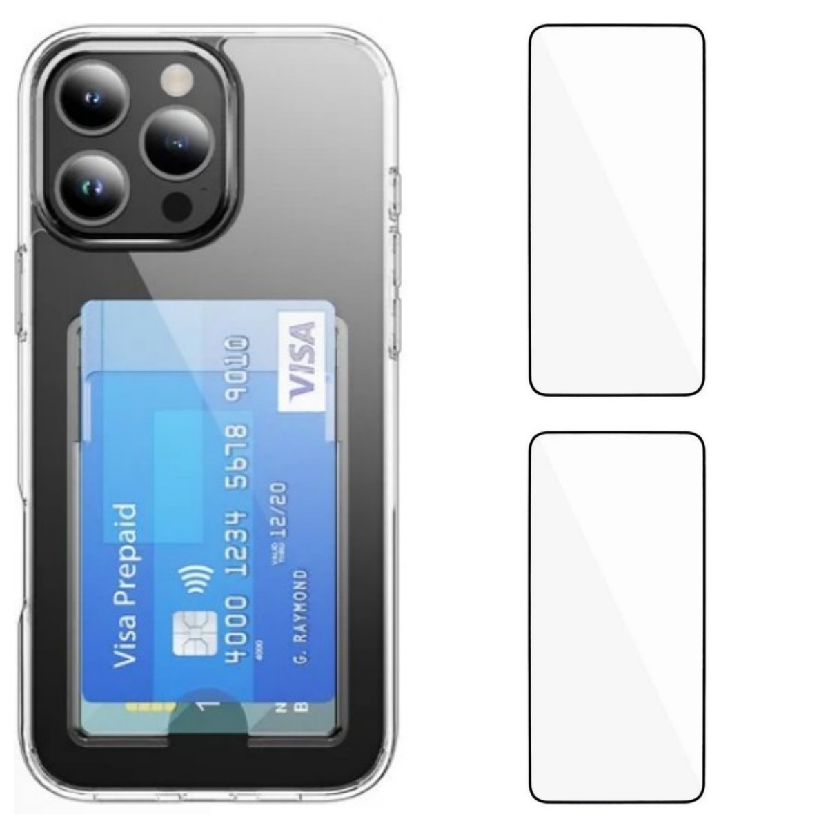 For iPhone 16 Pro Clear Phone Case with 2Pcs Screen Film WANLONFENG CK1 Series Card Holder Cover (Big Lens Hole) - Transparent