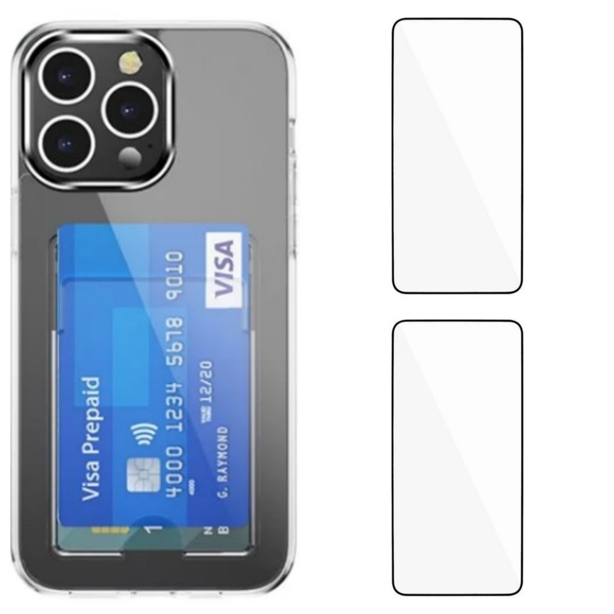 For iPhone 15 Pro Max Clear Phone Case with 2Pcs Screen Film WANLONFENG CK1 Series Card Holder Cover (Big Lens Hole) - Transparent