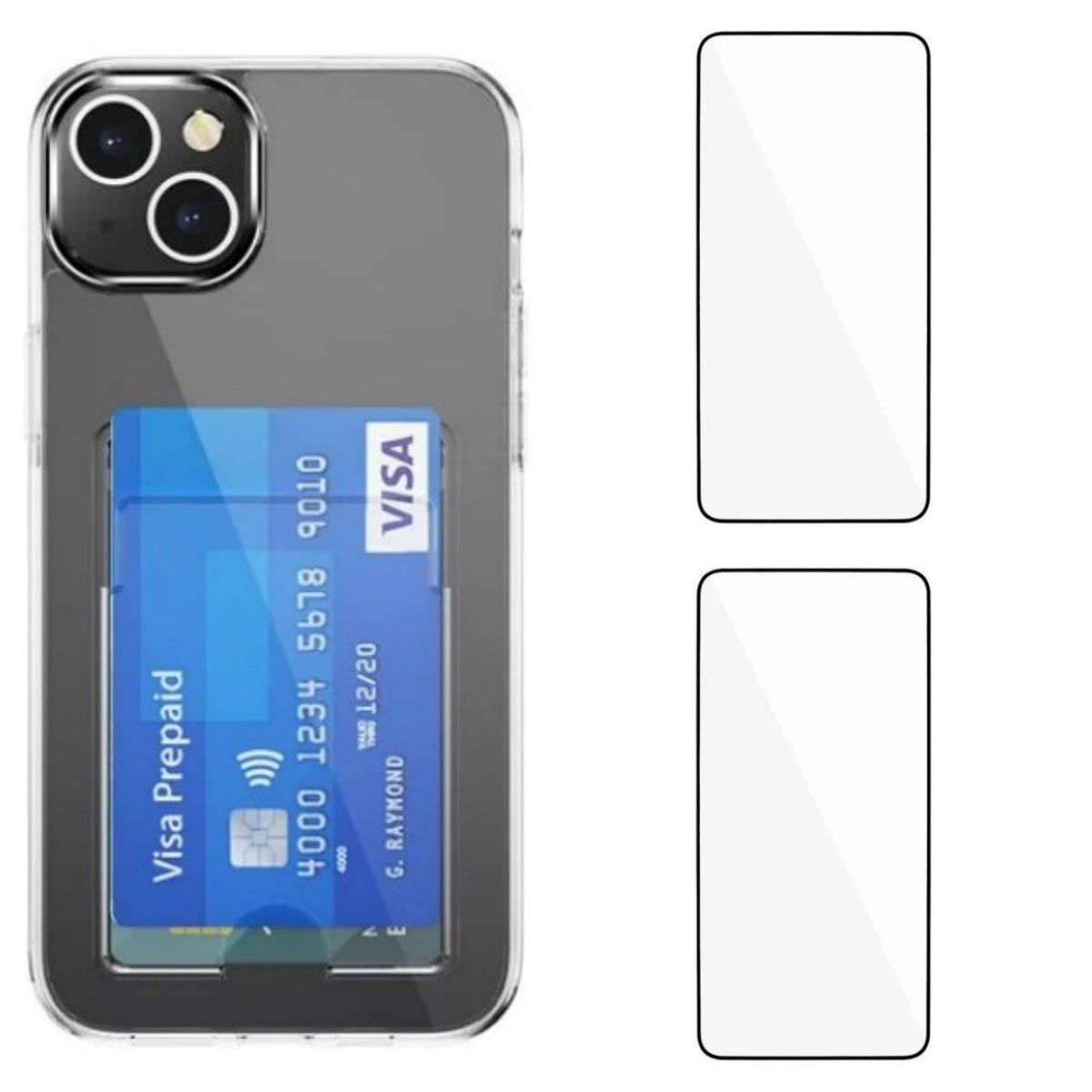 For iPhone 15 Clear Phone Case with 2Pcs Screen Film WANLONFENG CK1 Series Card Holder Cover (Big Lens Hole) - Transparent