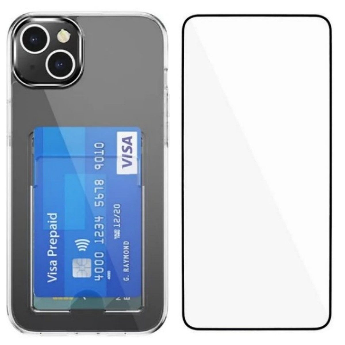 For iPhone 15 Clear Phone Case with Screen Film WANLONFENG CK Series Card Holder Cover (Big Lens Hole) - Transparent